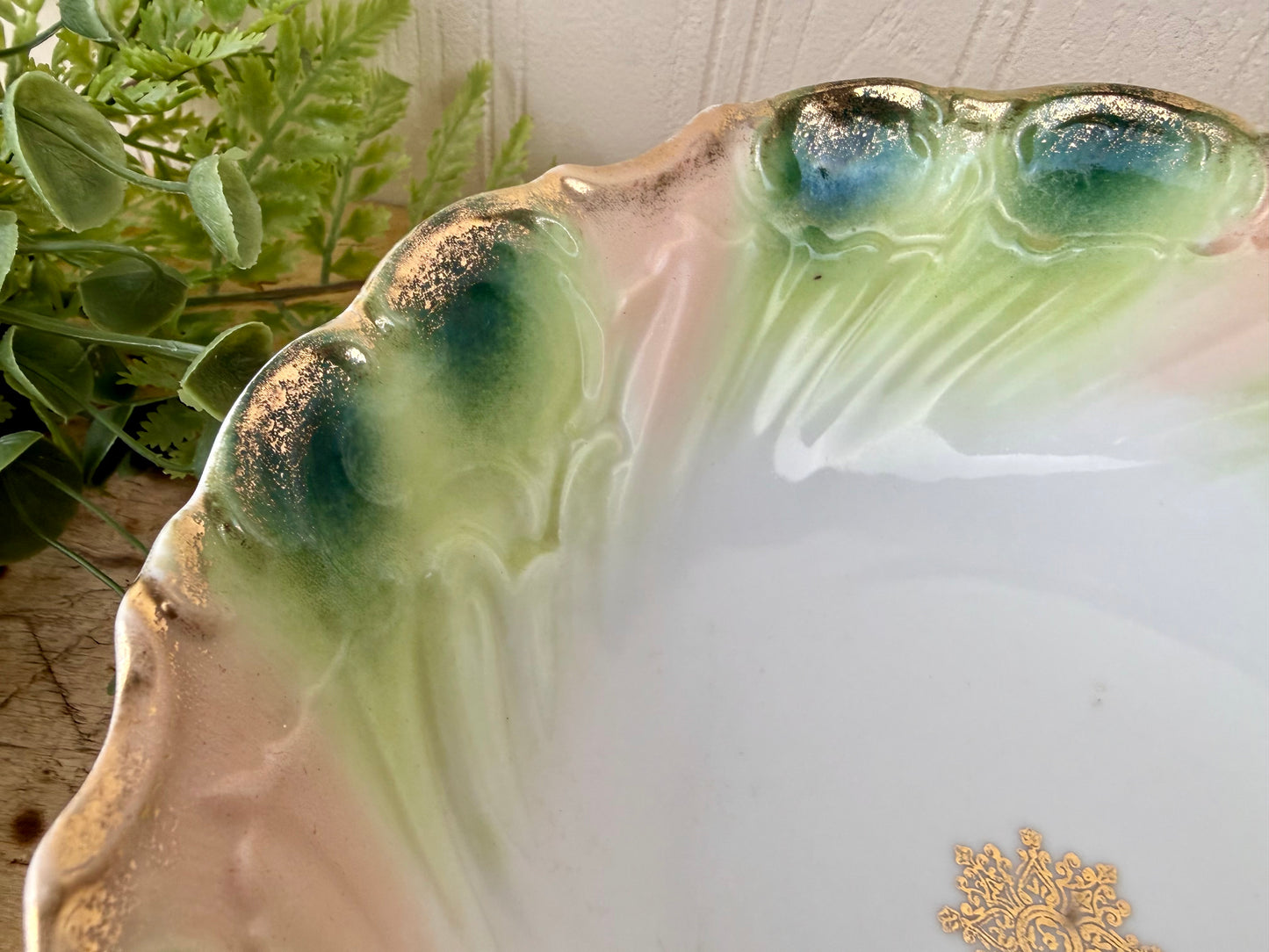 Vintage Green & Pink Porcelain Serving Bowl