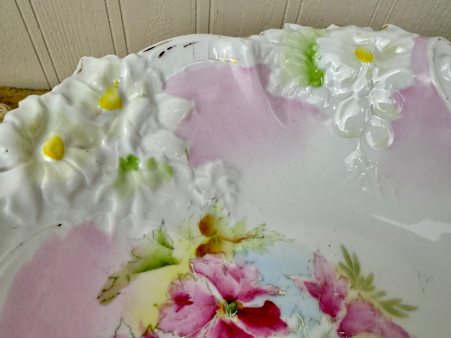 Antique Porcelain Serving Bowl with Hand Painted Florals