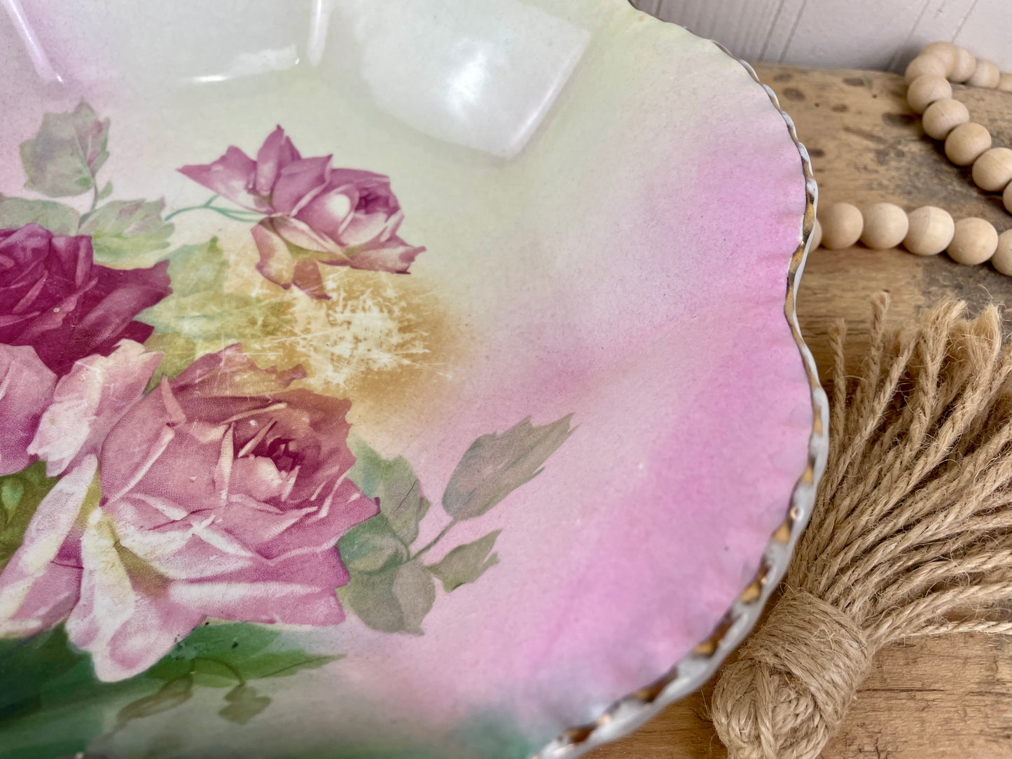 Vintage Scalloped Porcelain Bowl with Roses