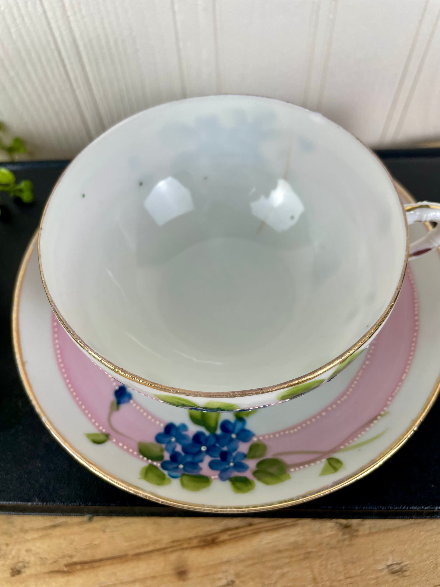 Vintage Hand Painted Blue Floral & Pink Striped Nippon Teacup & Saucer Set