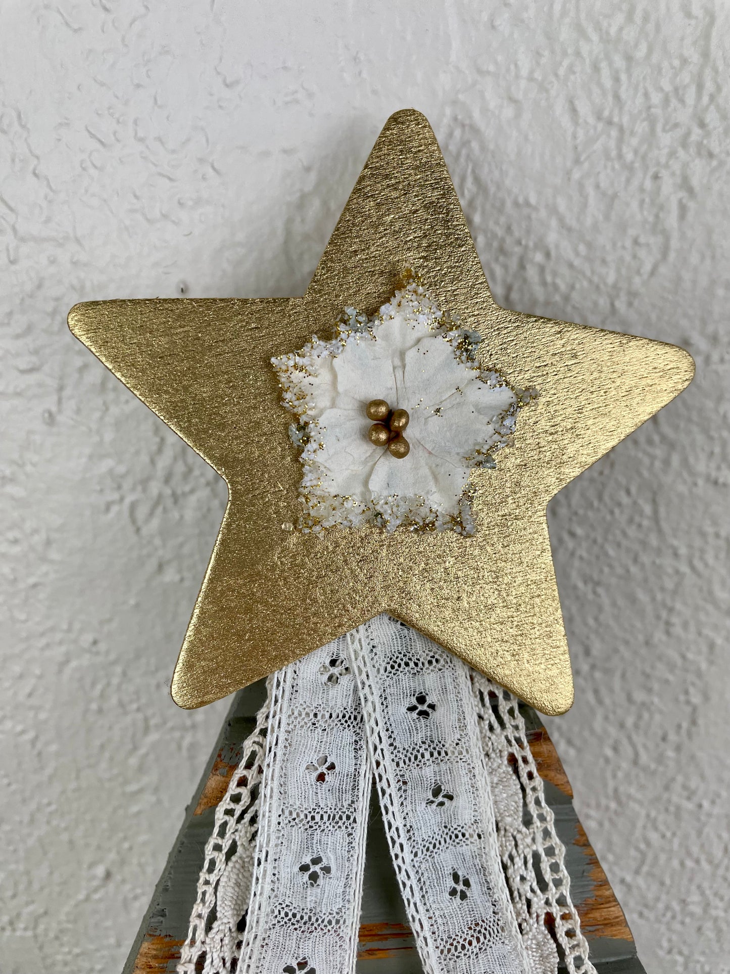 Upcycled Vintage Trim Dusty Sage Large Christmas Tree with Metallic Star