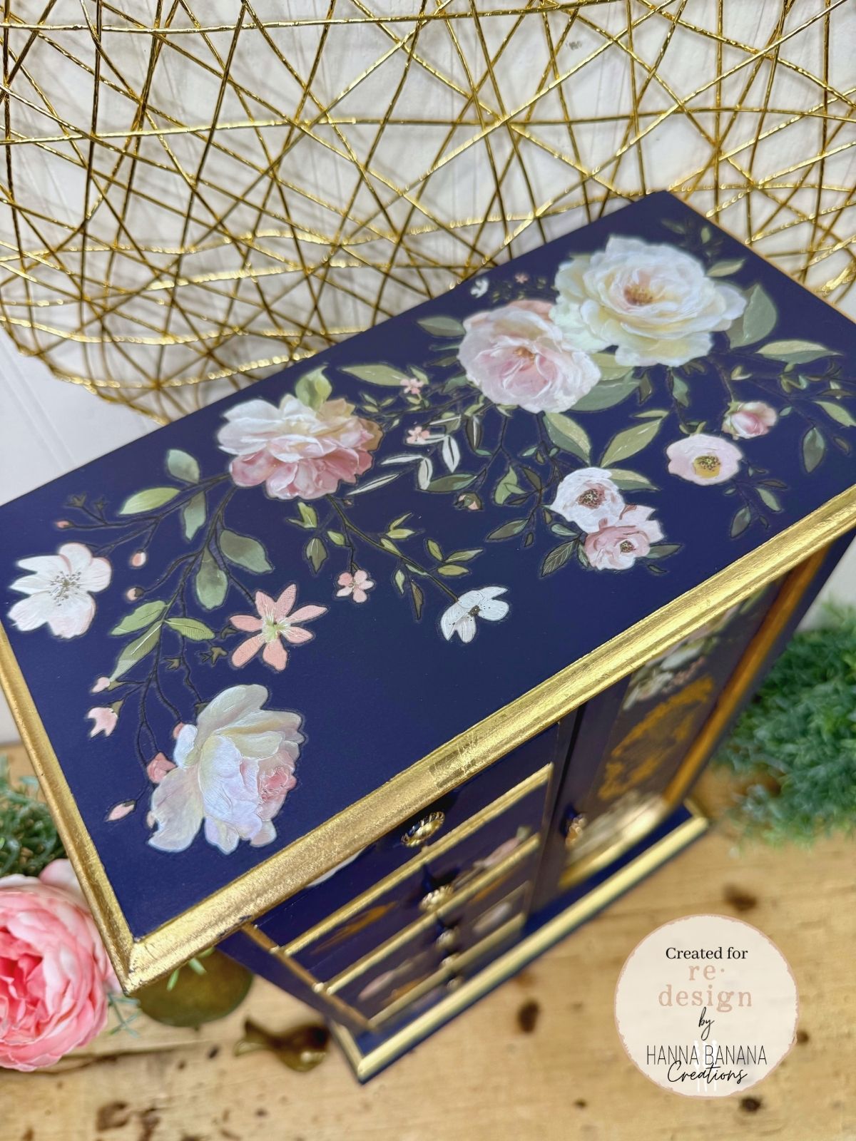 Upcycled Navy & Gold Jewelry Box with Pink Florals