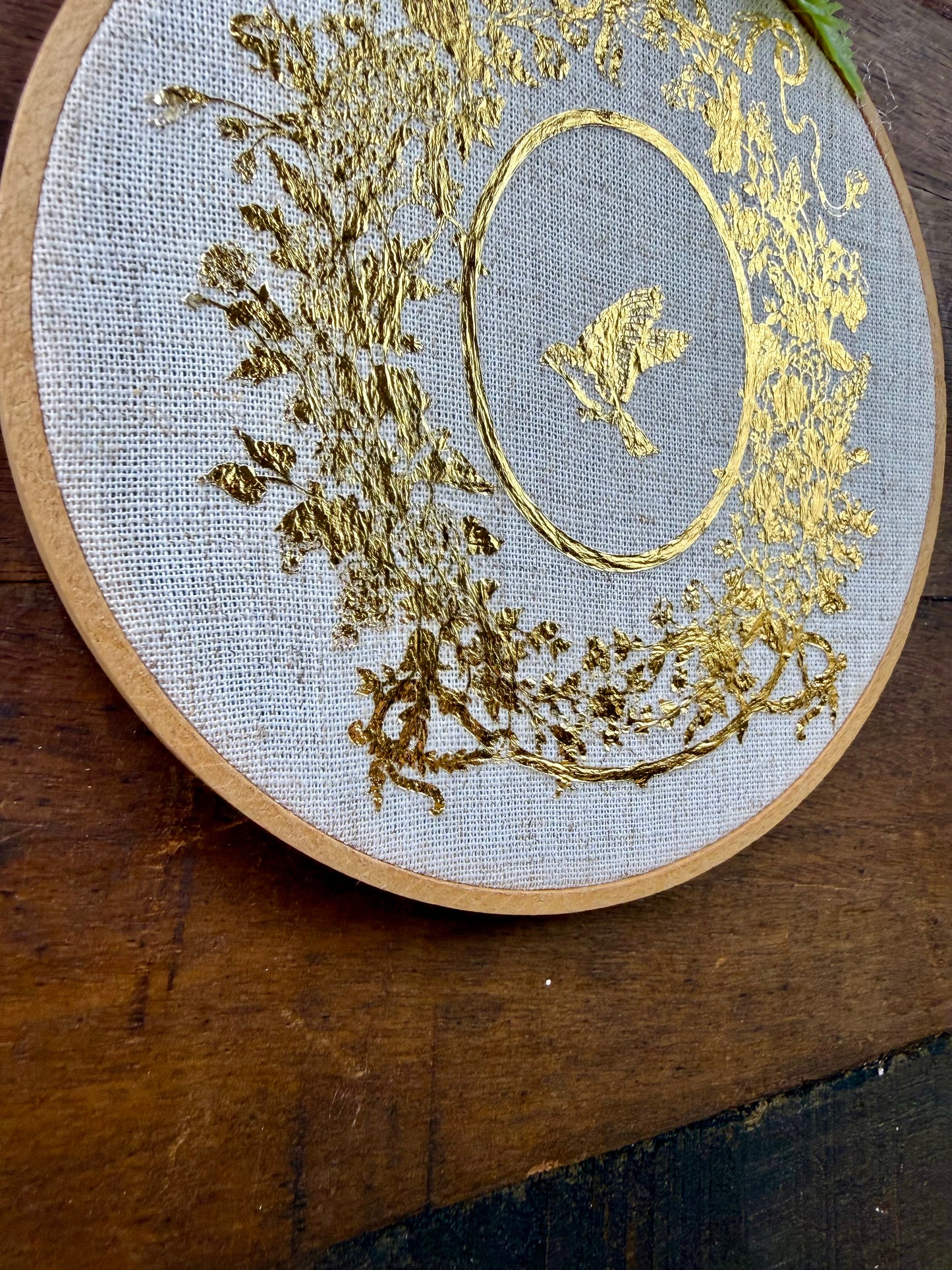 Upcycled Embroidery Hoop Wall Art with Gold Bird