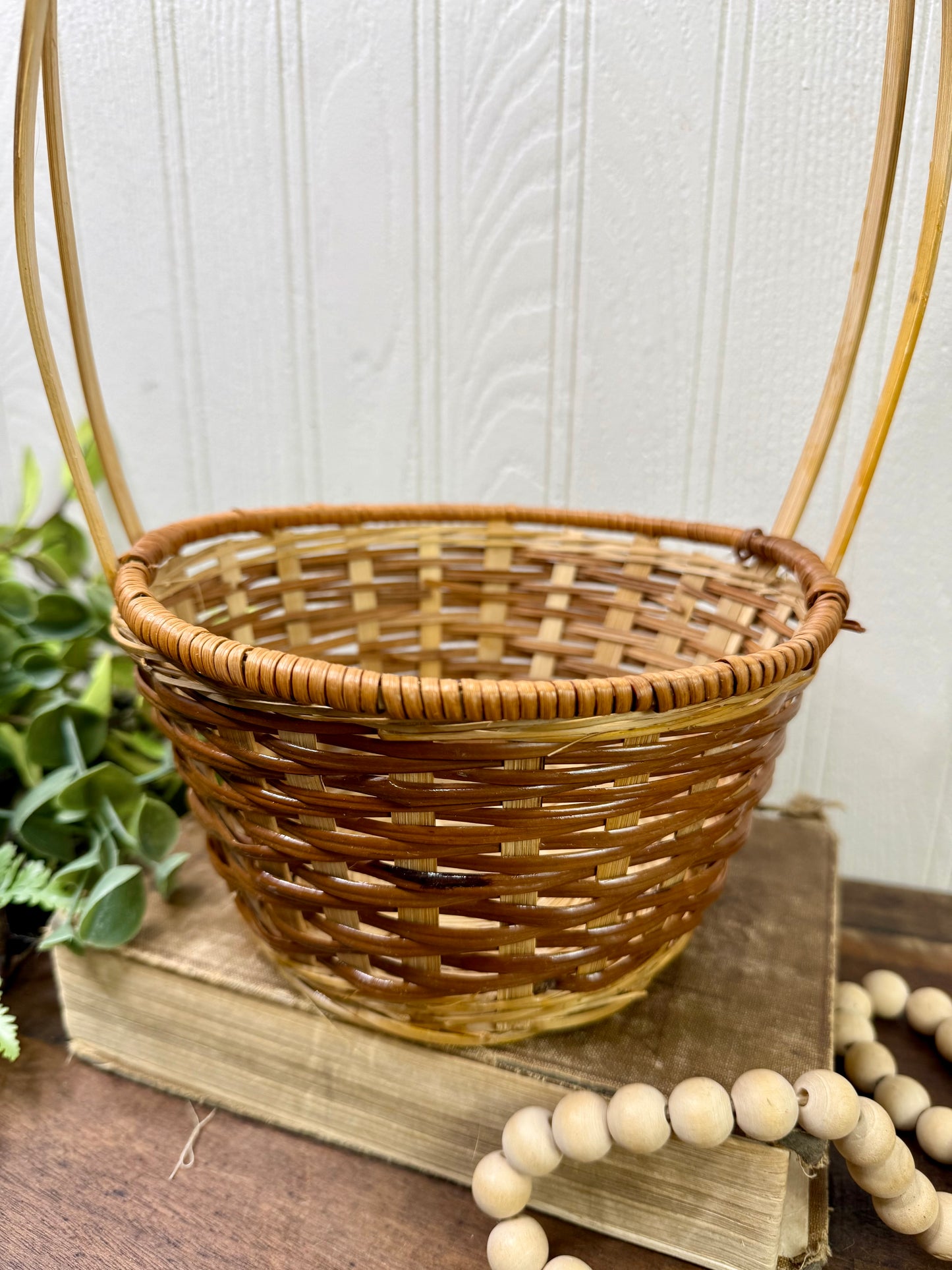 Vintage Two-Toned Wicker Basket with Handle