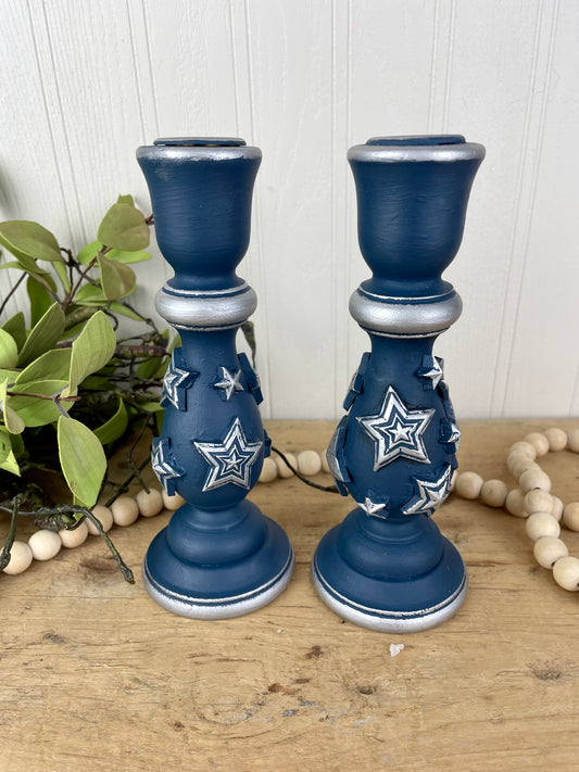 Upcycled Navy Blue Wooden Candlestick Set with Silver Stars