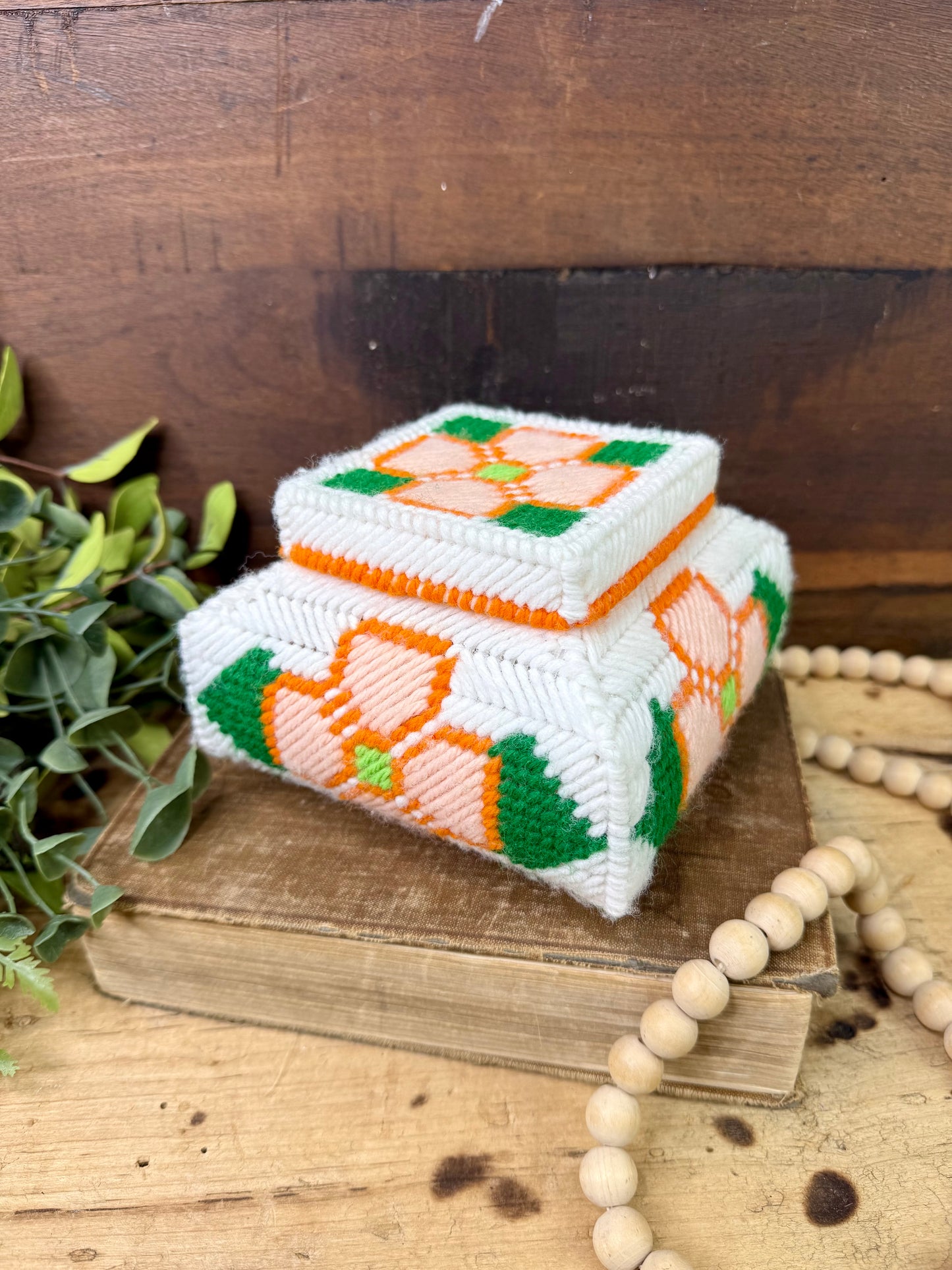 Vintage Plastic Canvas Storage Box with Orange Flowers