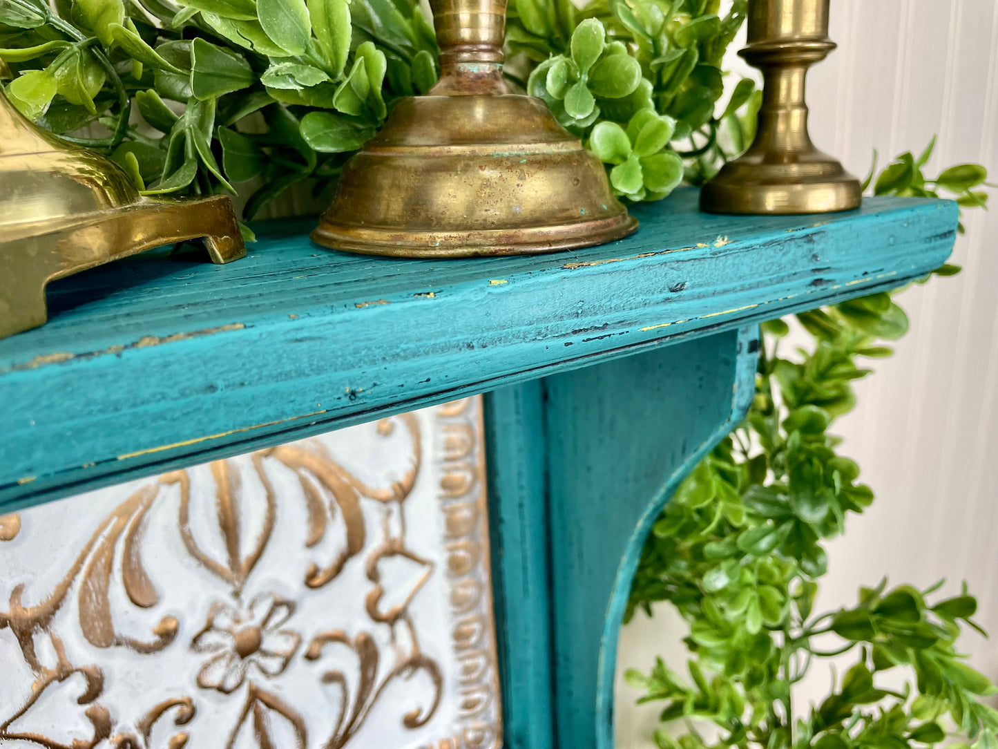 Upcycled Teal Painted Shelf with Hooks