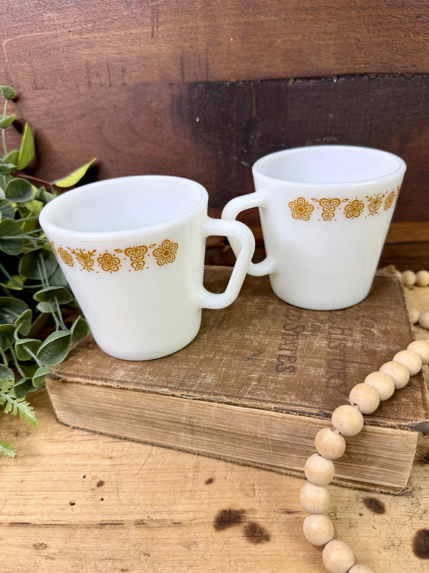 Vintage Pyrex Butterfly Gold Milk Glass Mug Set