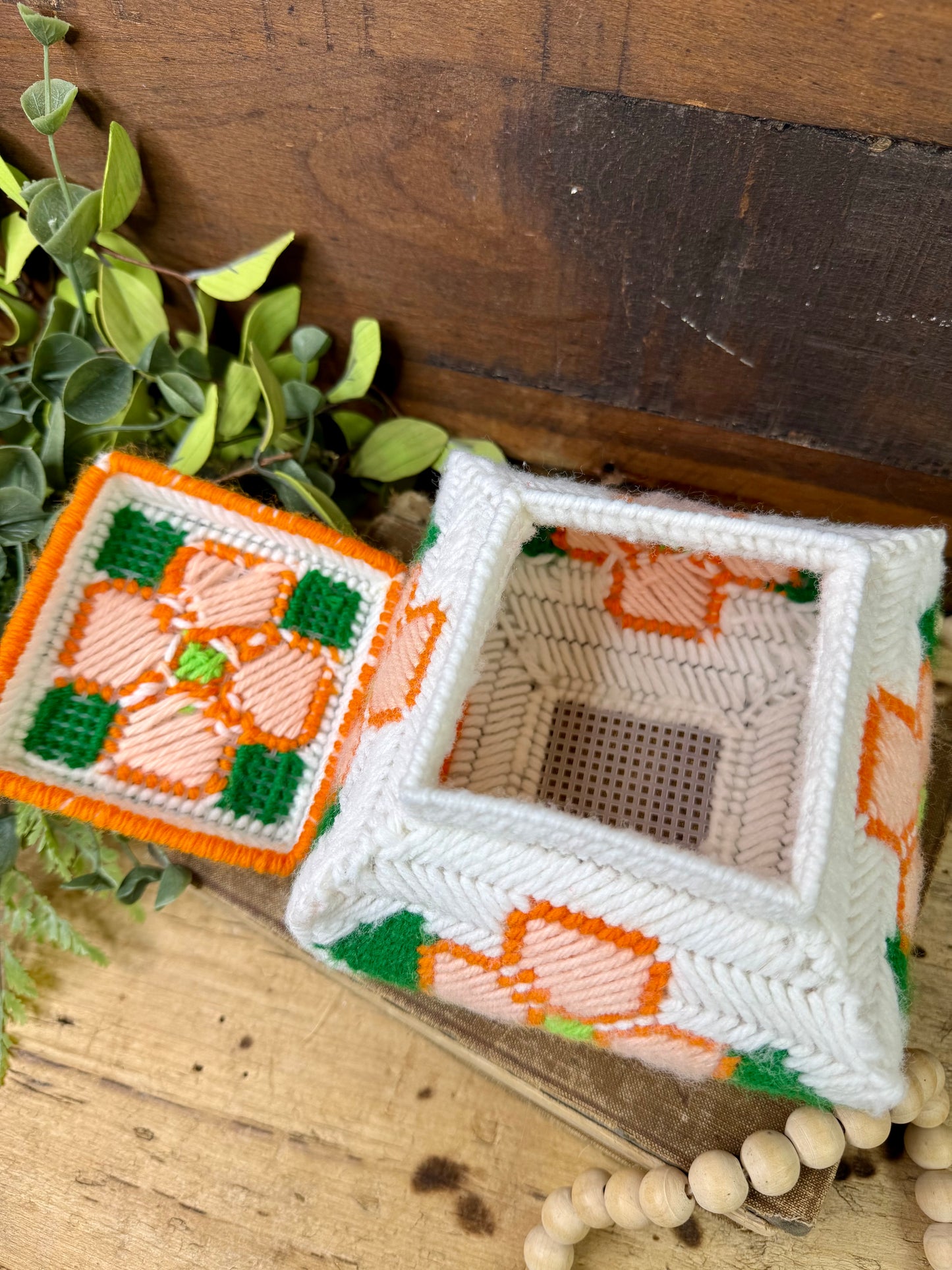 Vintage Plastic Canvas Storage Box with Orange Flowers