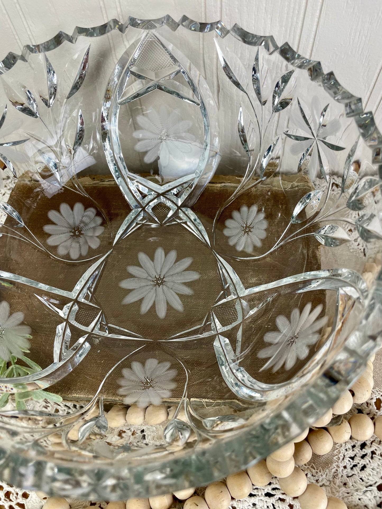 Vintage Cut Glass Serving Bowl with Etched Flowers