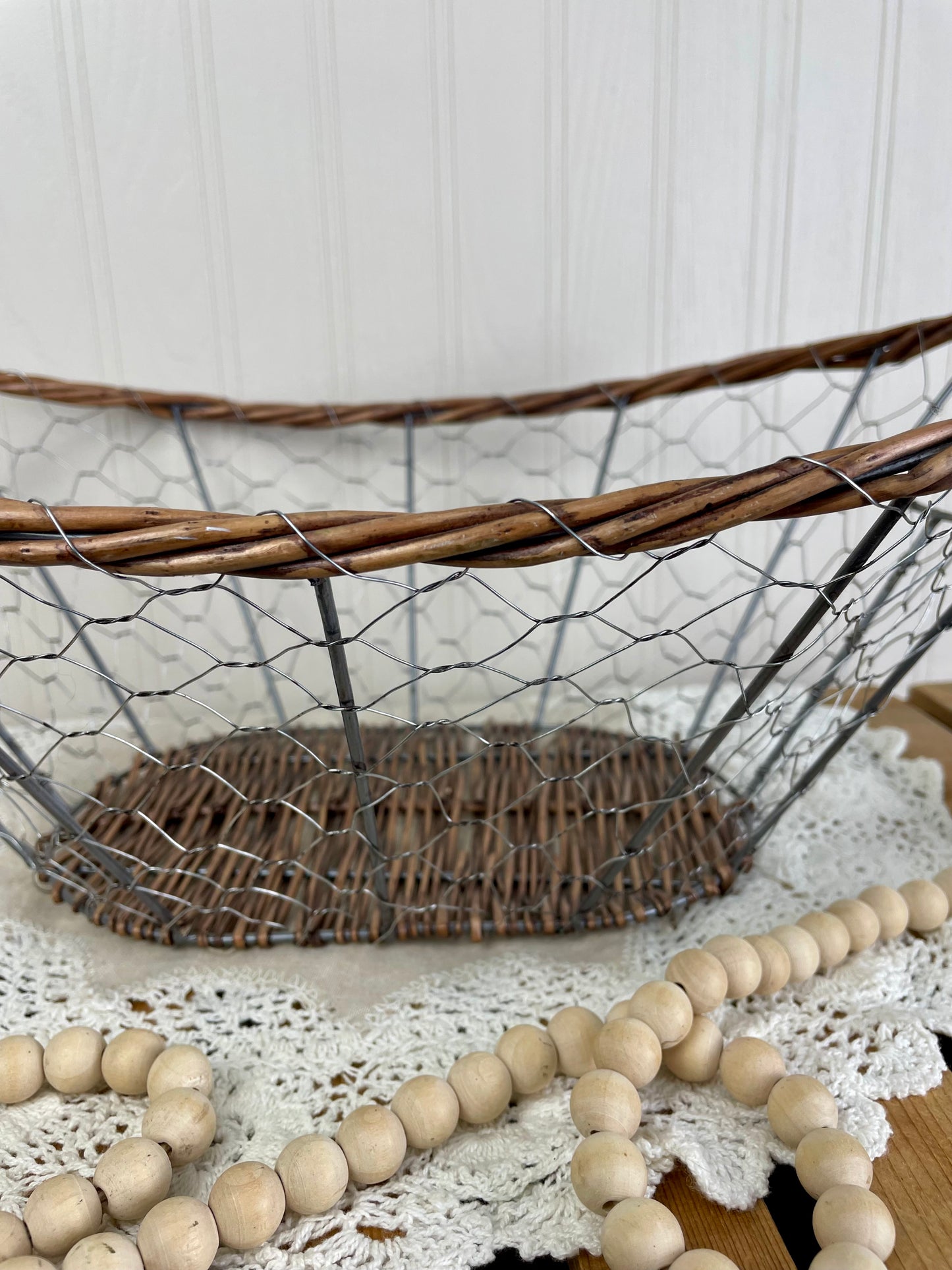 Vintage Chicken Wire & Wicker Storage Basket