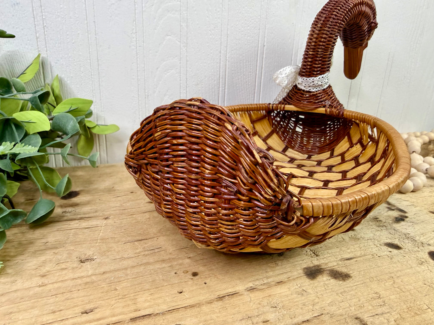 Vintage Wicker Duck Basket with Lace Bow