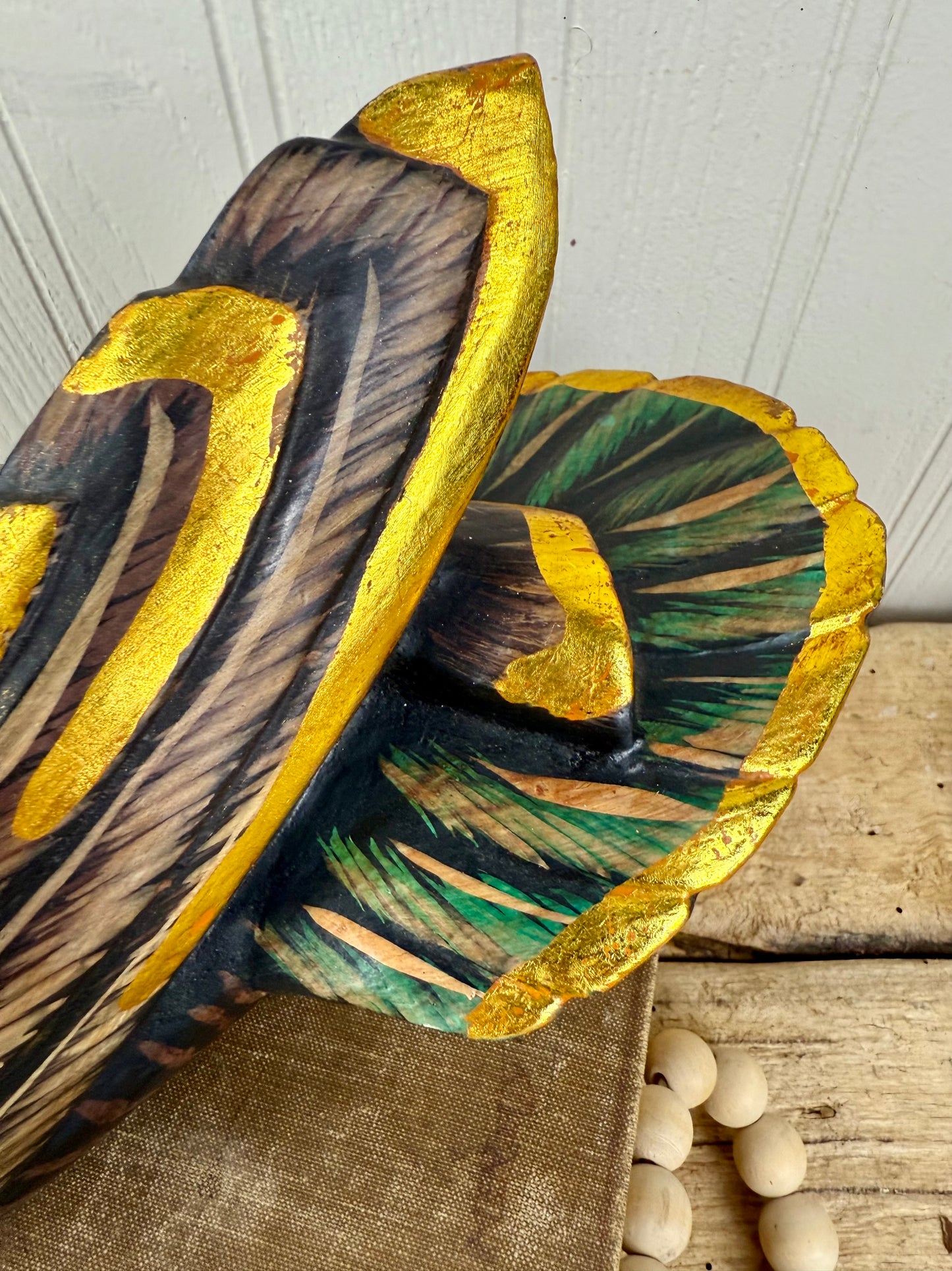 Vintage Hand Carved Wooden Duck with Golden Details