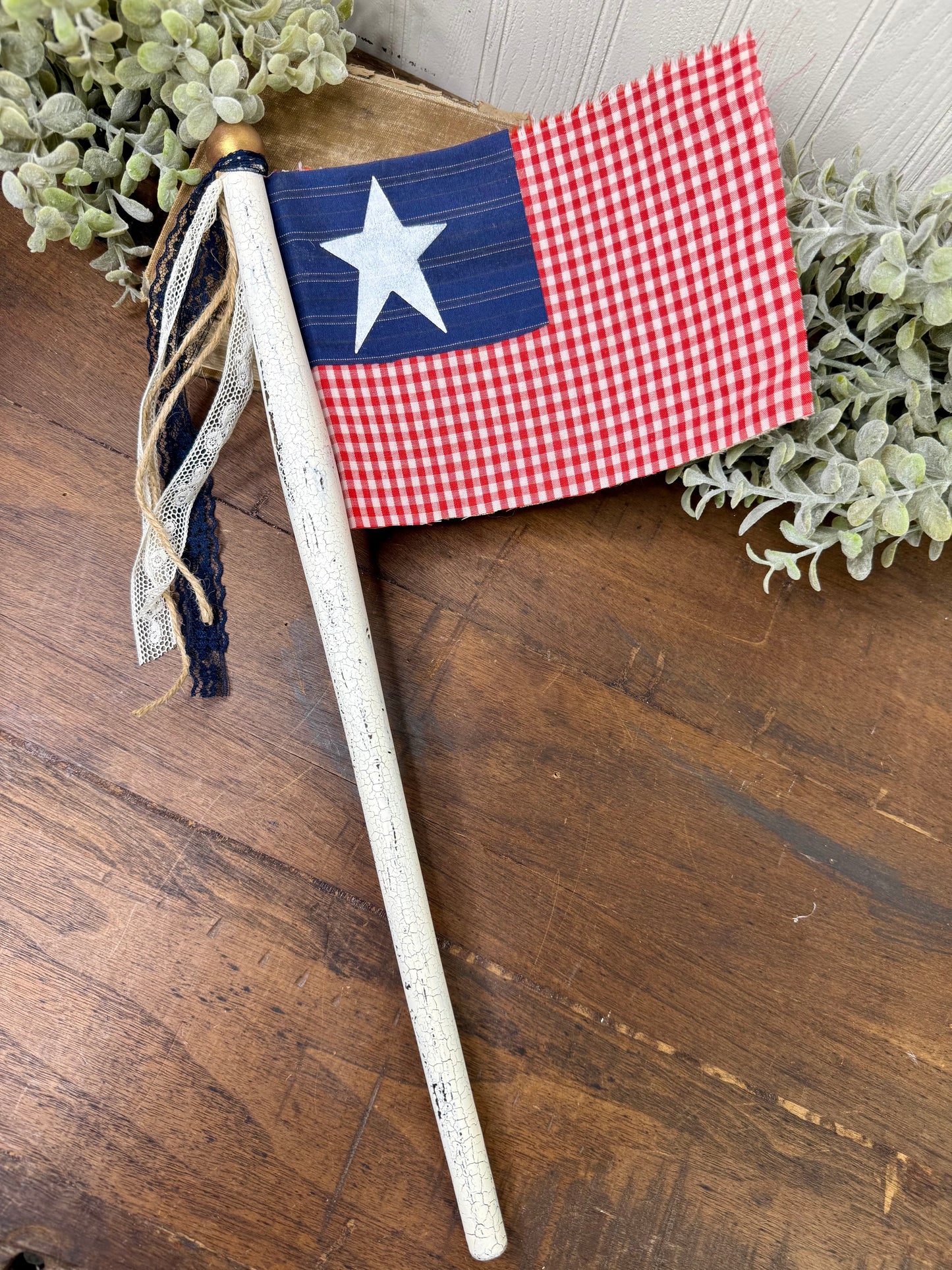 Handmade Spindle Flag with Gingham Pattern