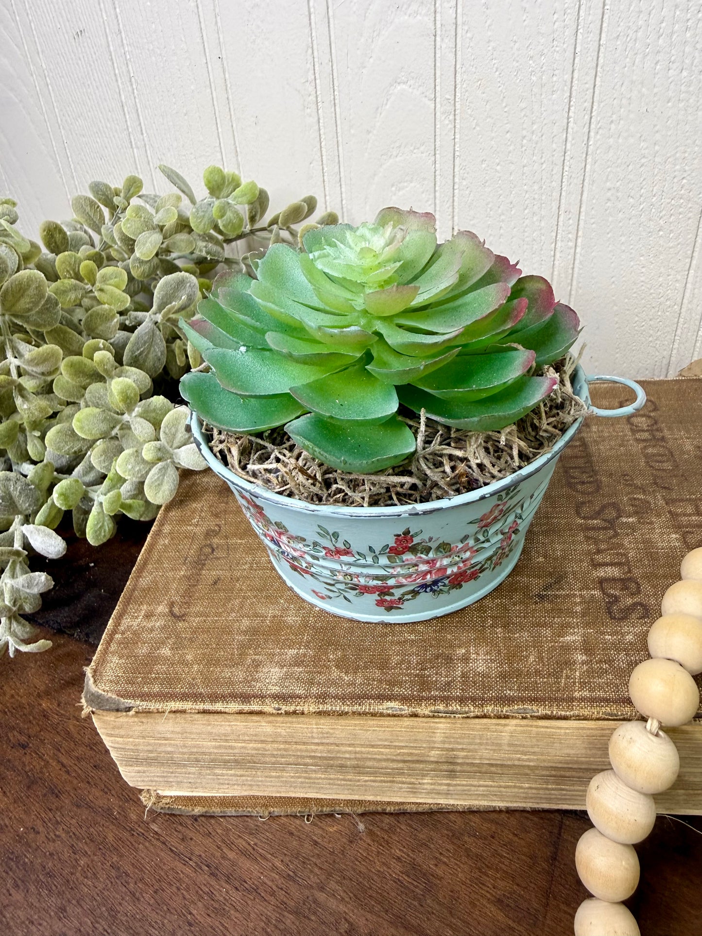 Upcycled Mini Washtub Faux Succulent Plant- Blue
