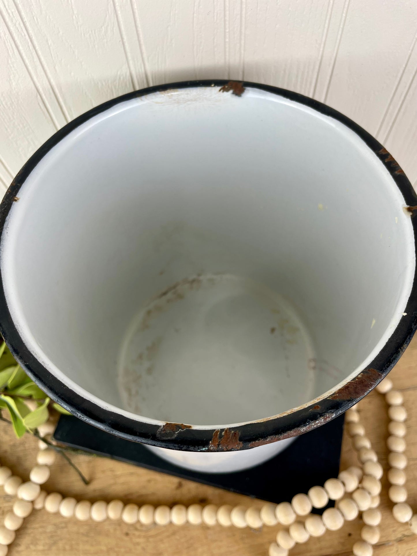 Vintage White Enamel Canister with Black Rim