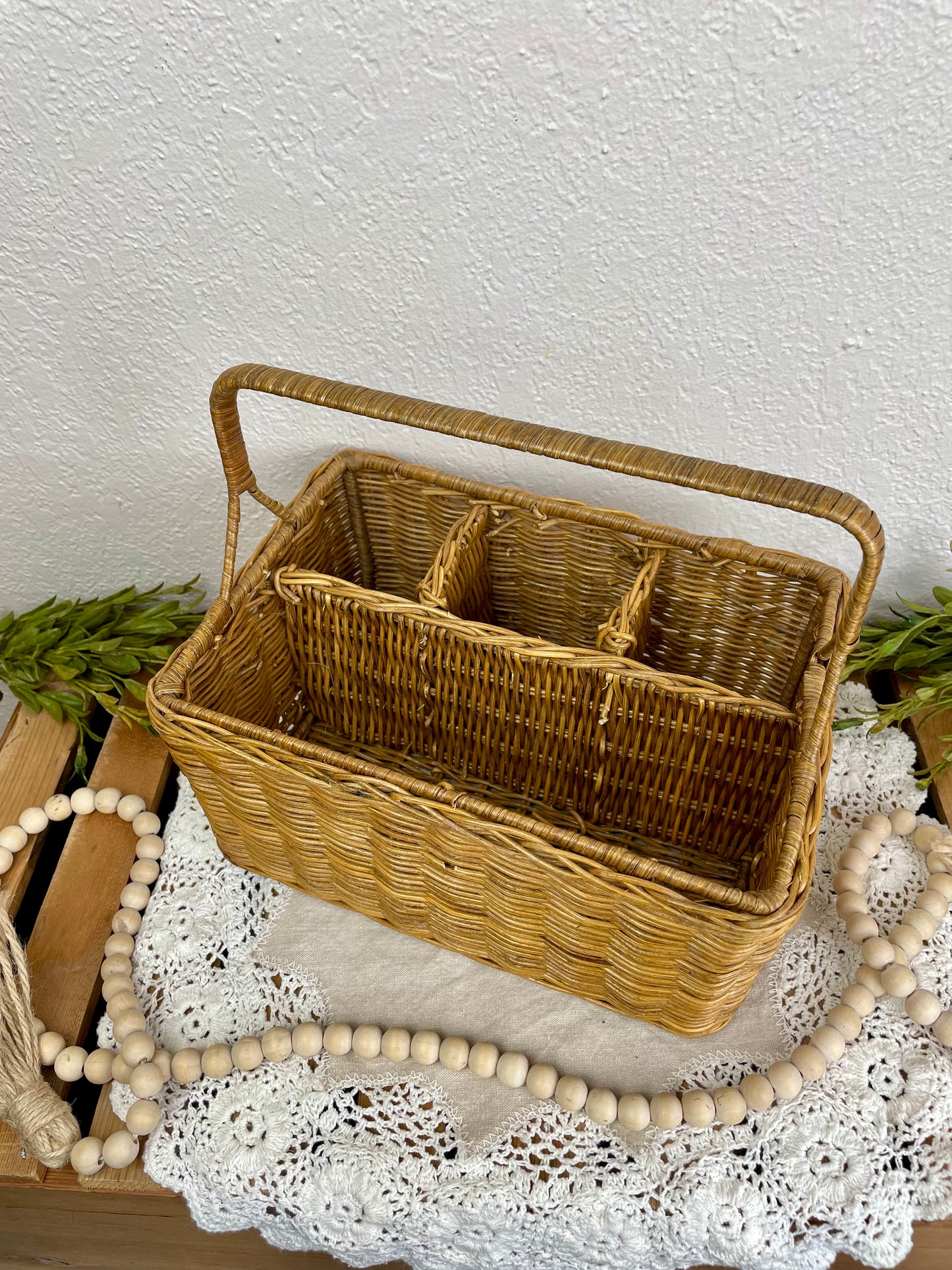 Vintage Wicker Storage Basket with Dividers