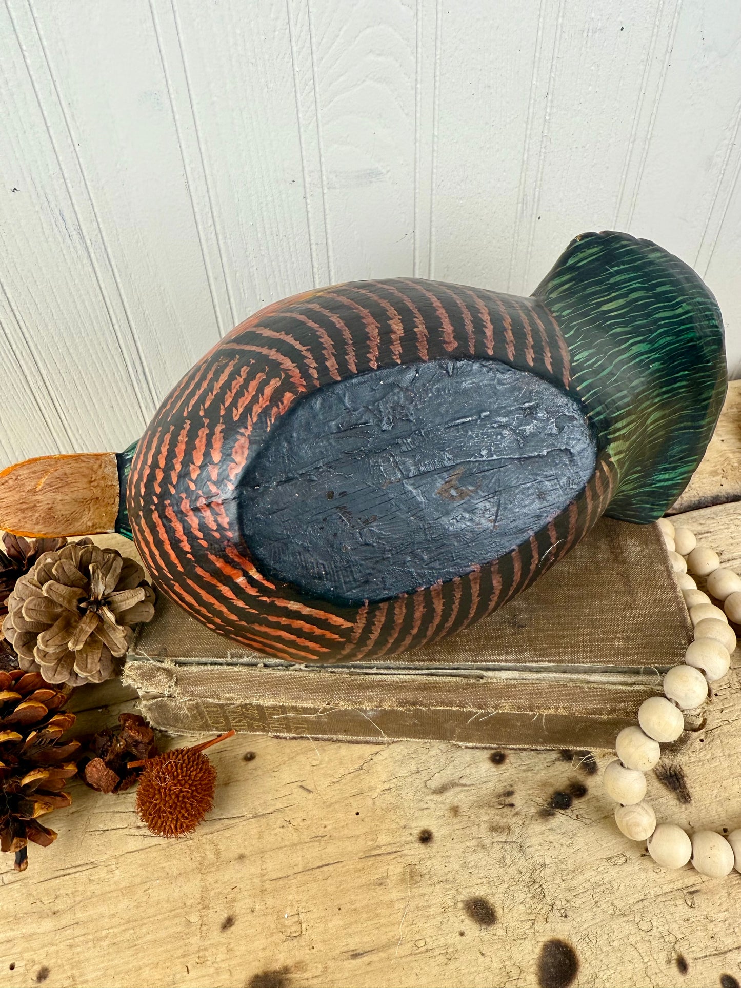 Vintage Hand Carved Wooden Duck with Golden Details