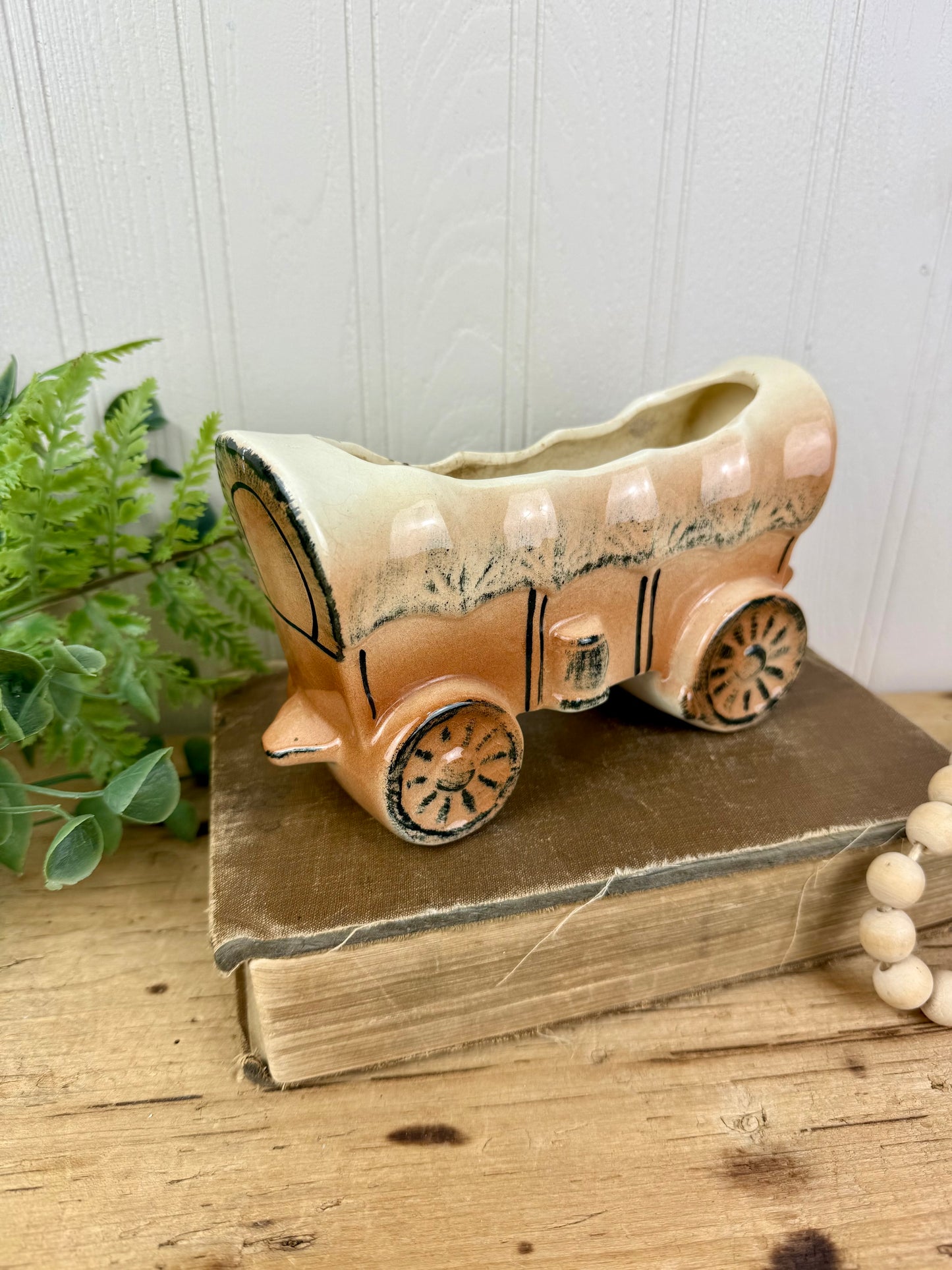 Vintage Ceramic Covered Wagon Planter