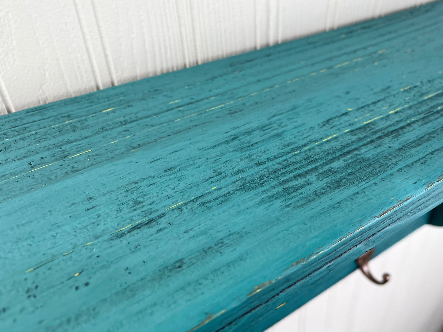 Upcycled Teal Painted Shelf with Hooks