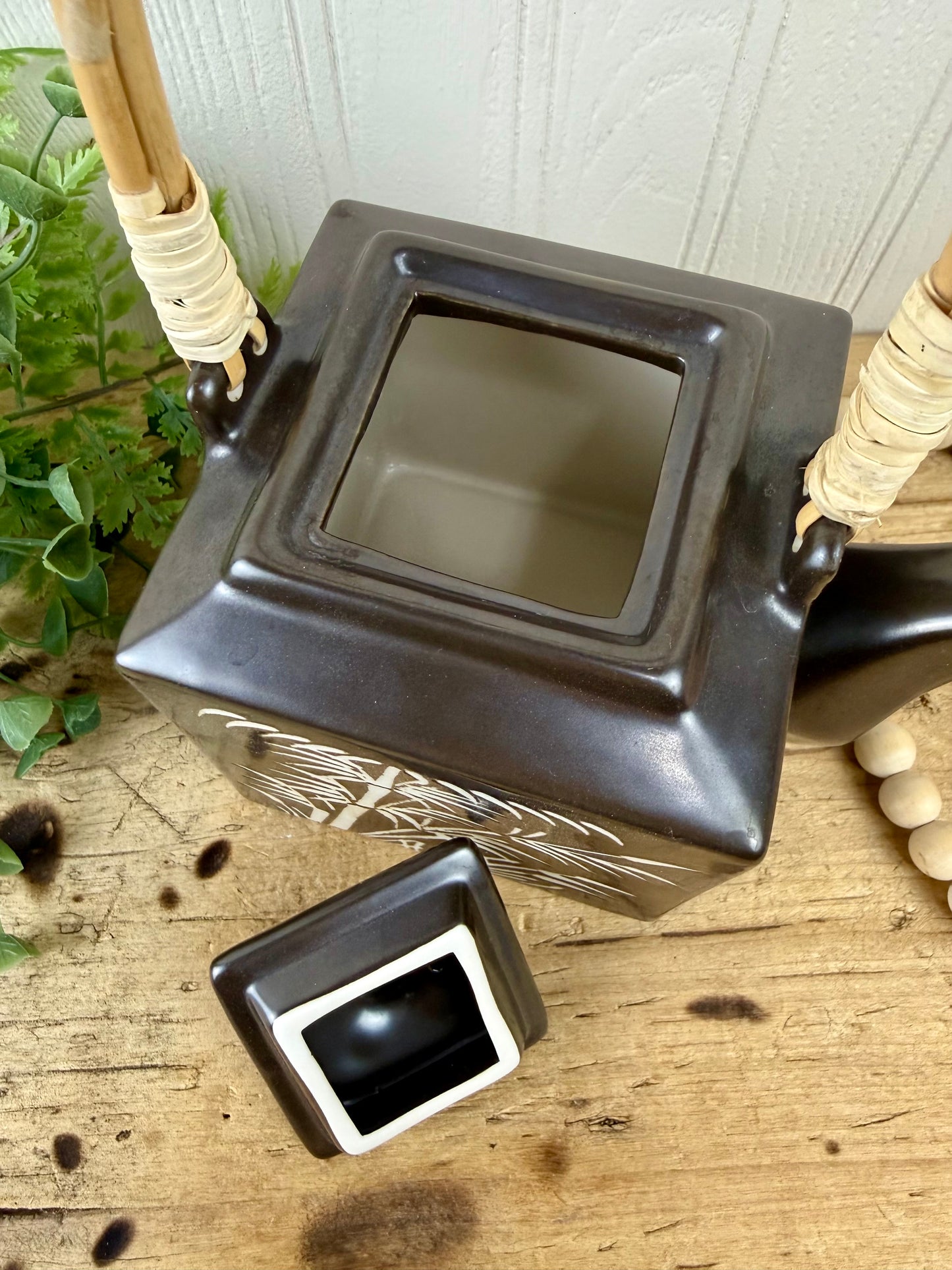 Brown Stoneware Teapot with Bamboo Design