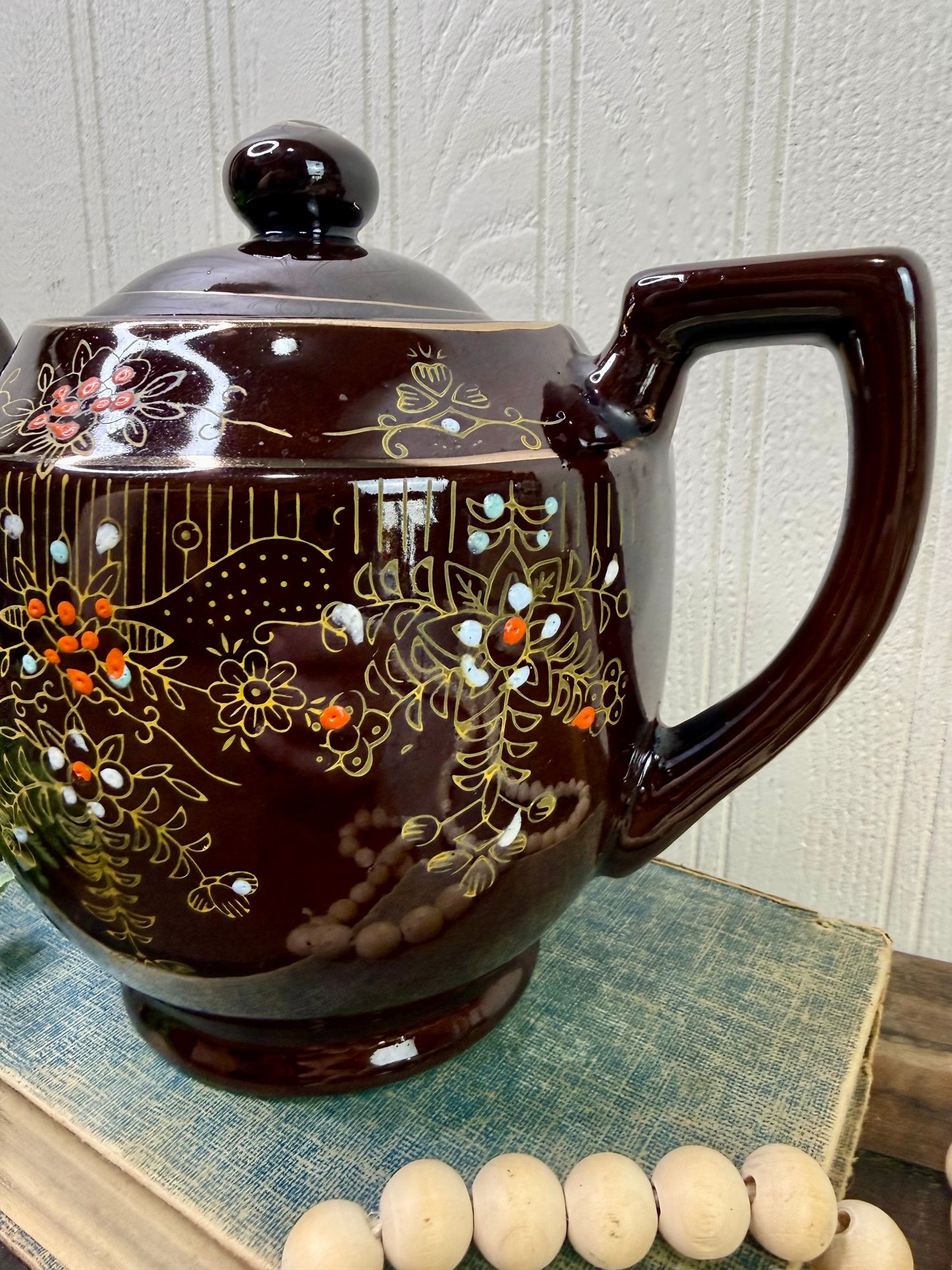 Vintage Japanese Moriage Redware Teapot