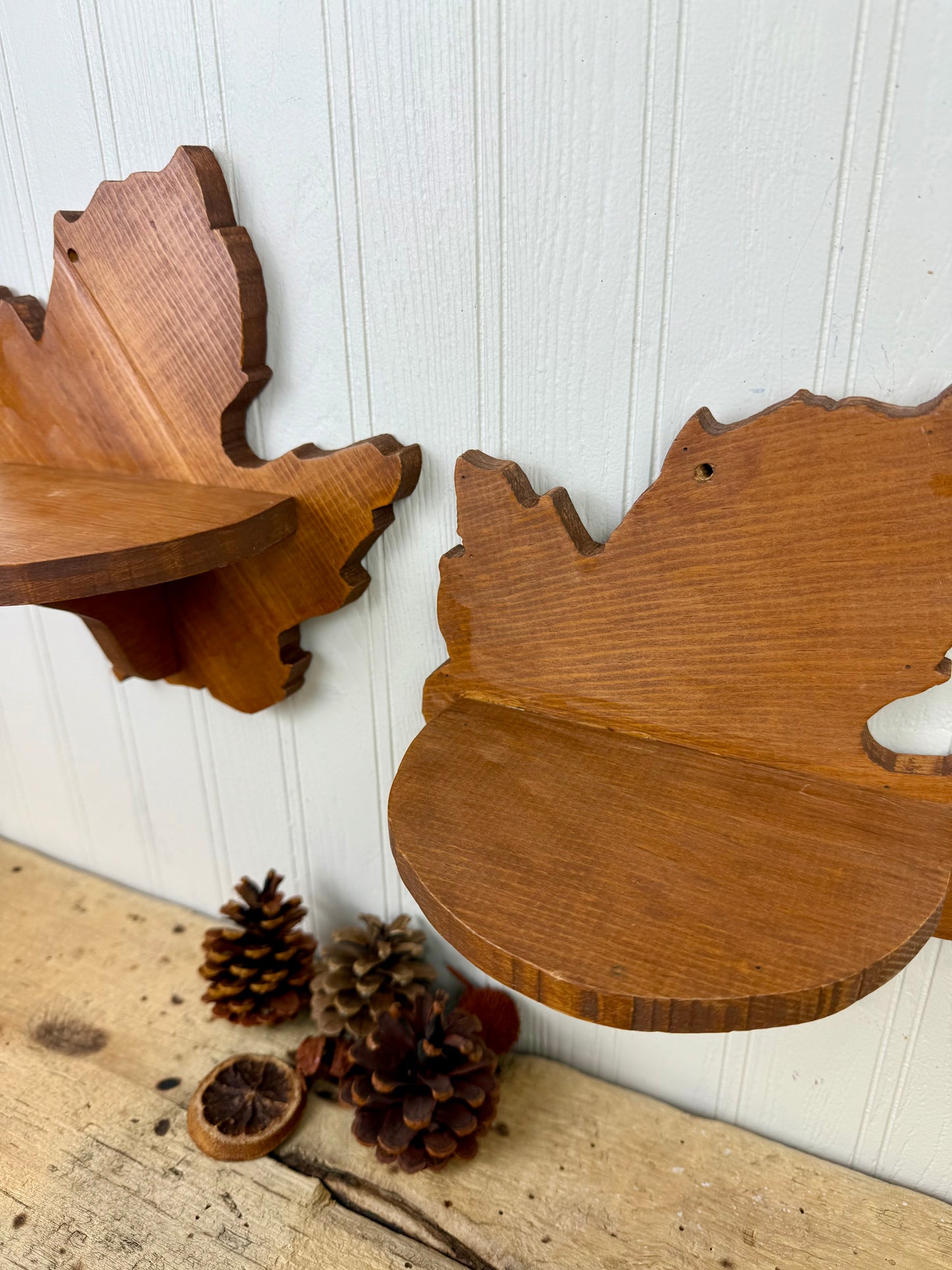 Vintage Handmade Wooden Maple Leaf Shelf Set