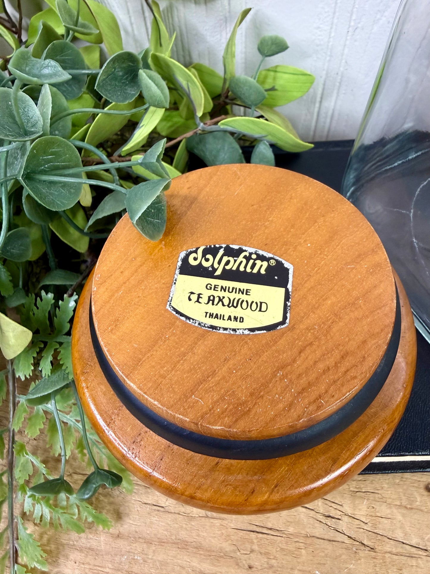 Vintage Dolphin Thailand Glass Canister with Teak Wood Lid