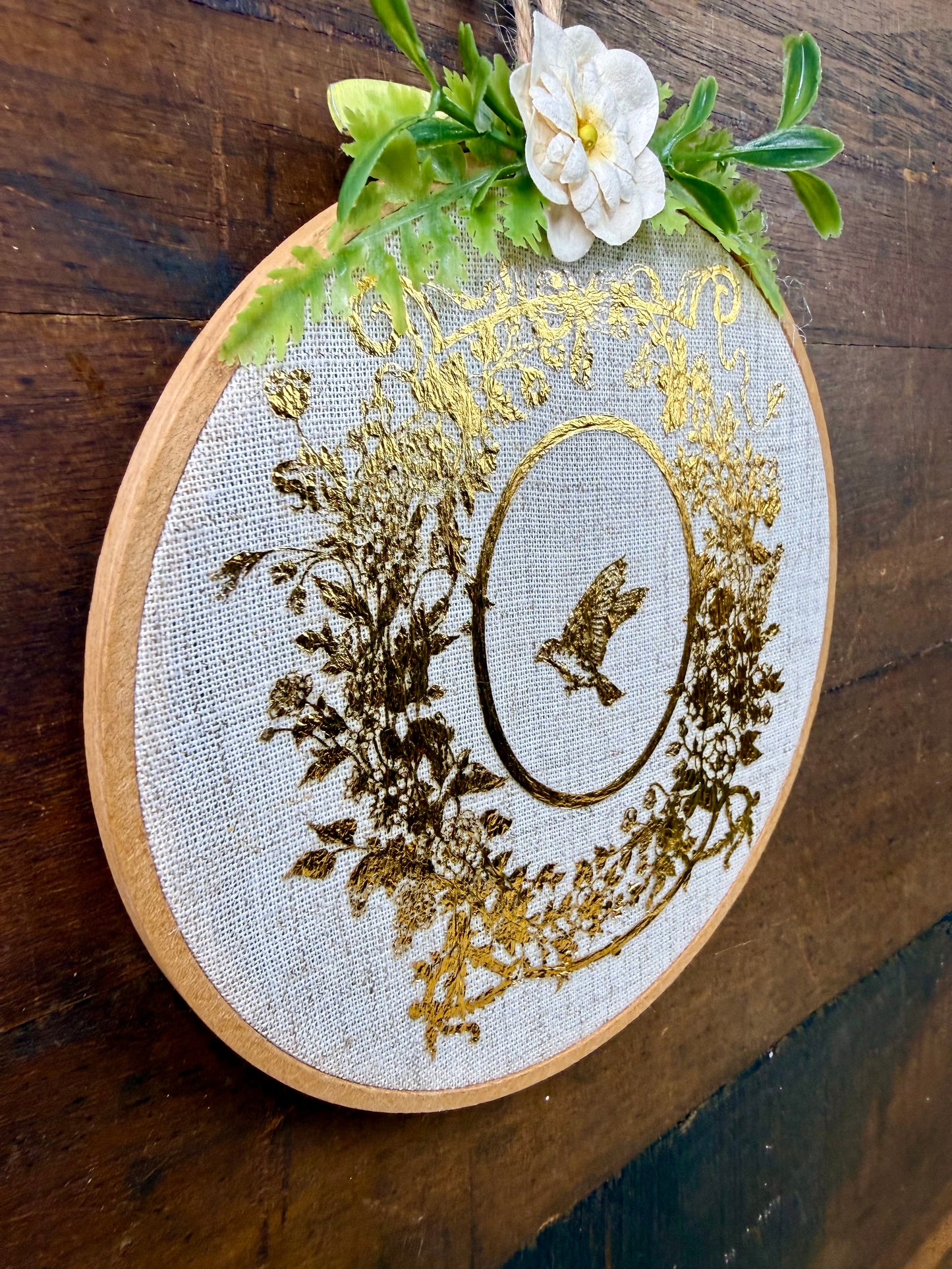 Upcycled Embroidery Hoop Wall Art with Gold Bird