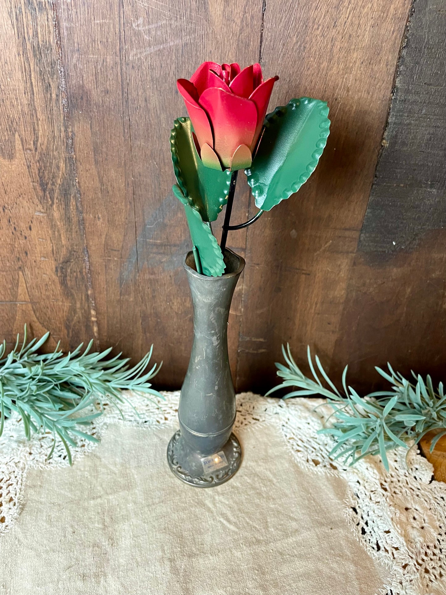 Vintage Silverplate Bud Vase with Metal Rose