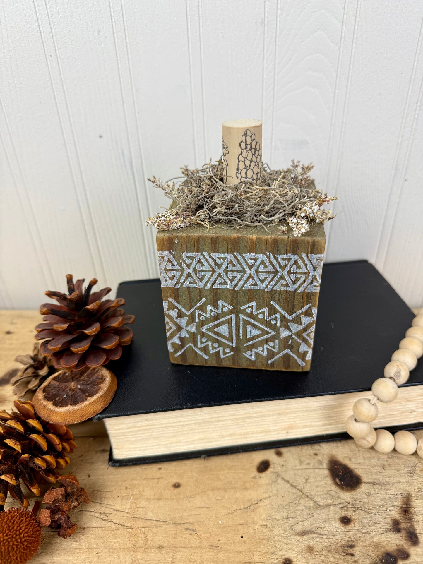 Handmade Reclaimed Wood Tribal Print Block Pumpkin