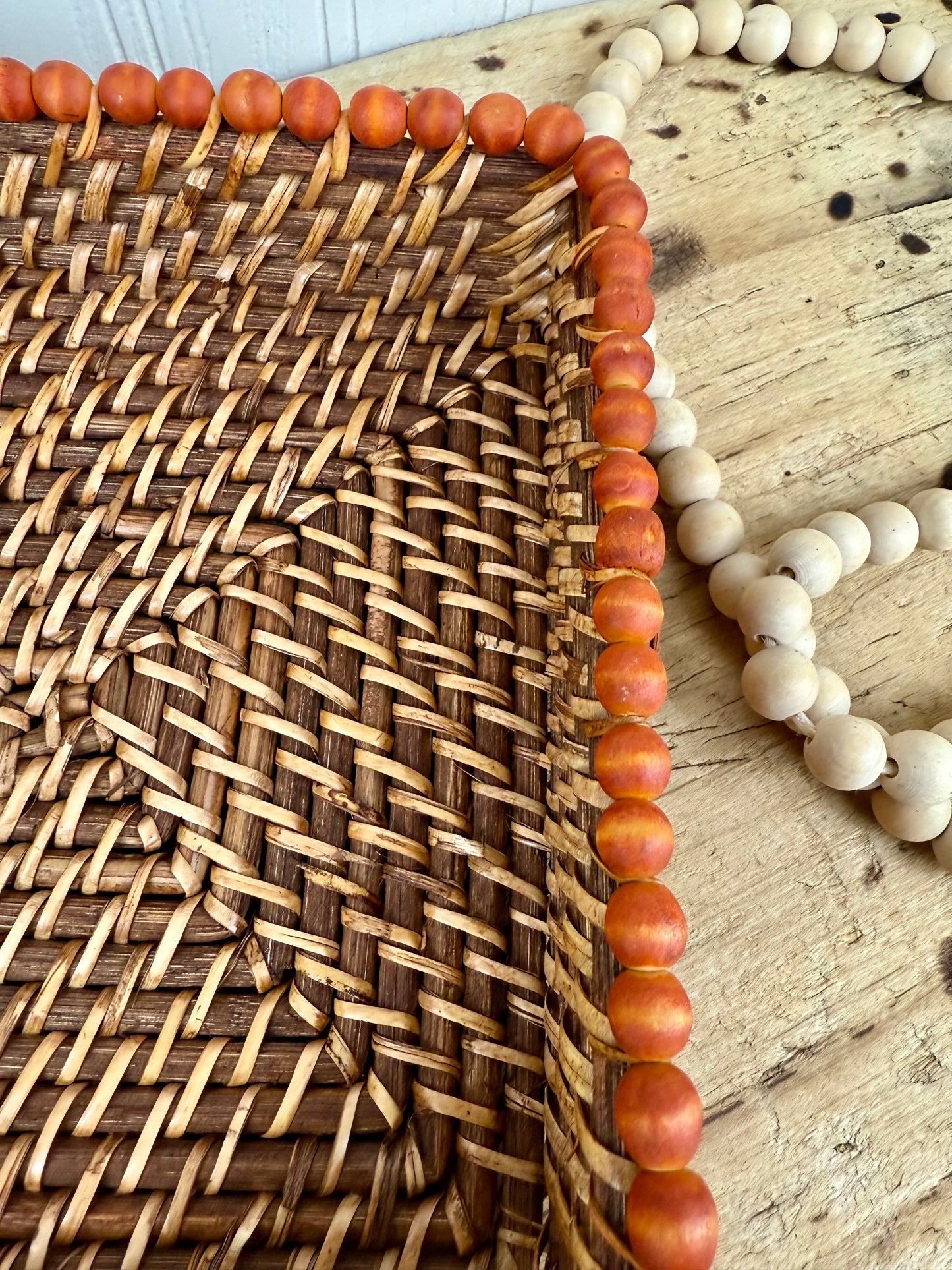 Vintage Wicker Napkin Basket with Beaded Trim