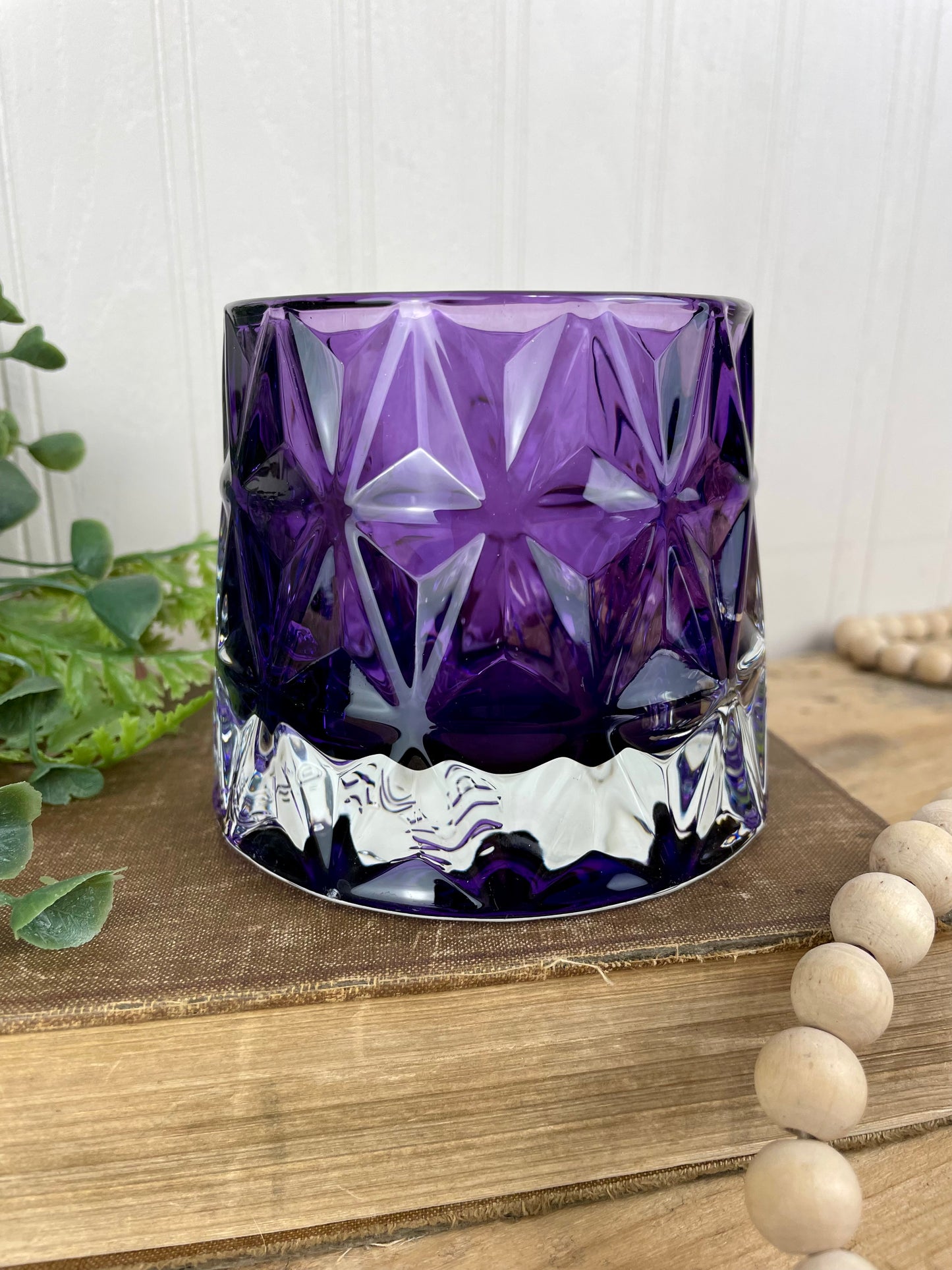 Purple Glass Candle Holder with Geometric Pattern