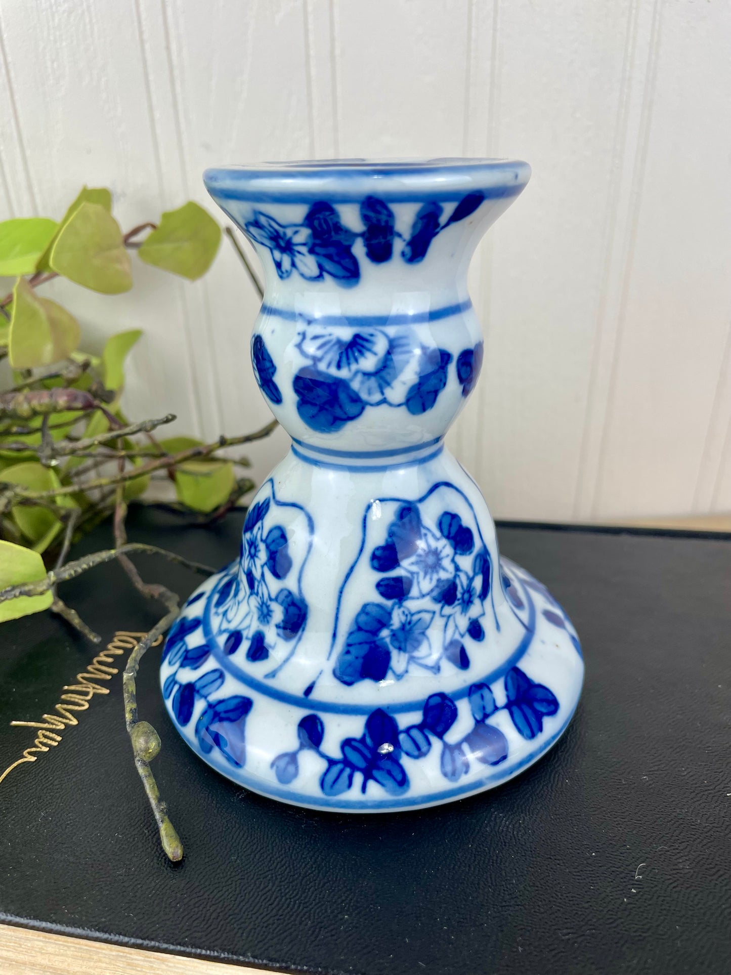 Vintage Blue & White Ceramic Candle Holder