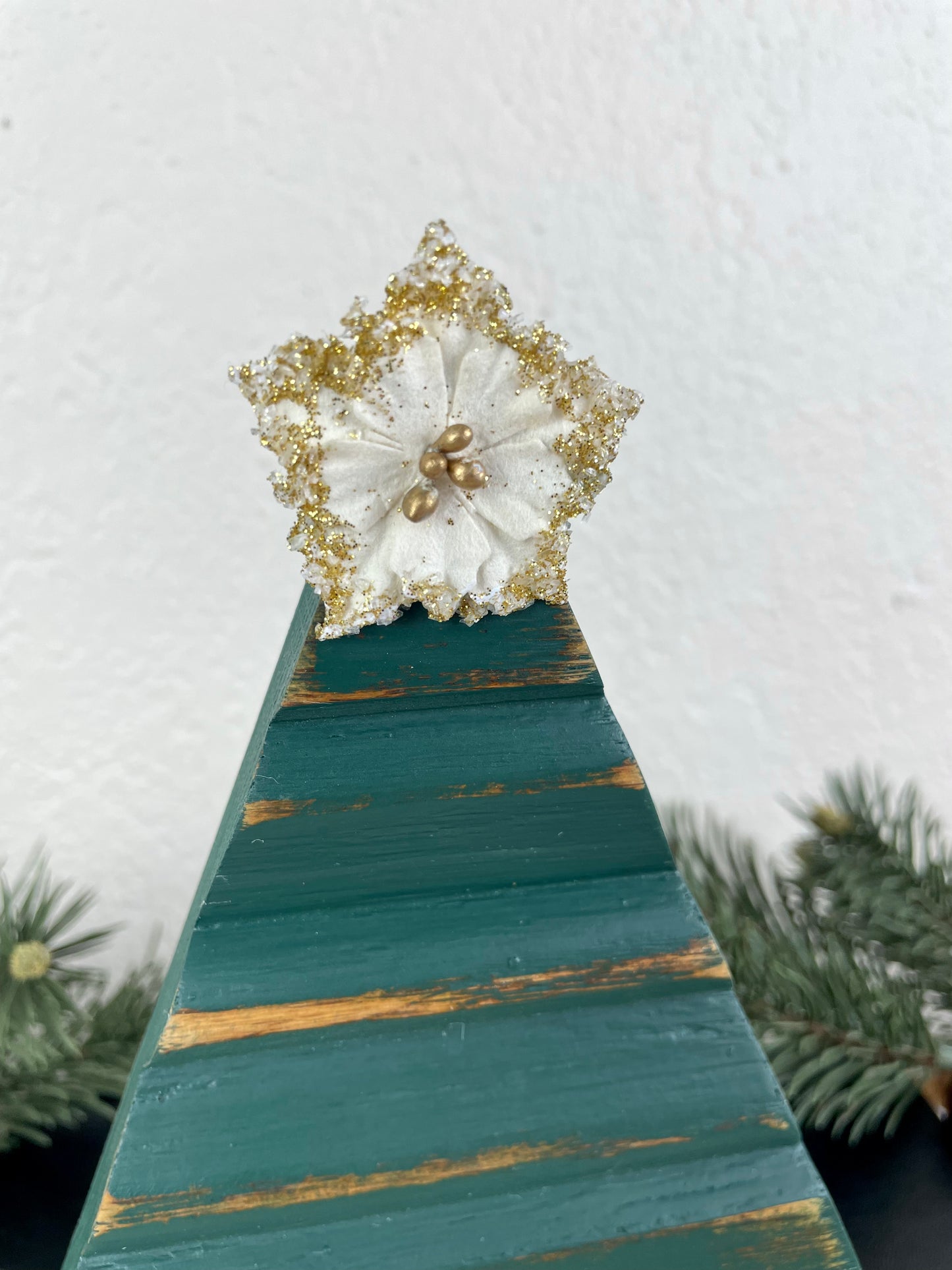 Upcycled Small Vintage Trim Forest Green Christmas Tree with White Poinsettia