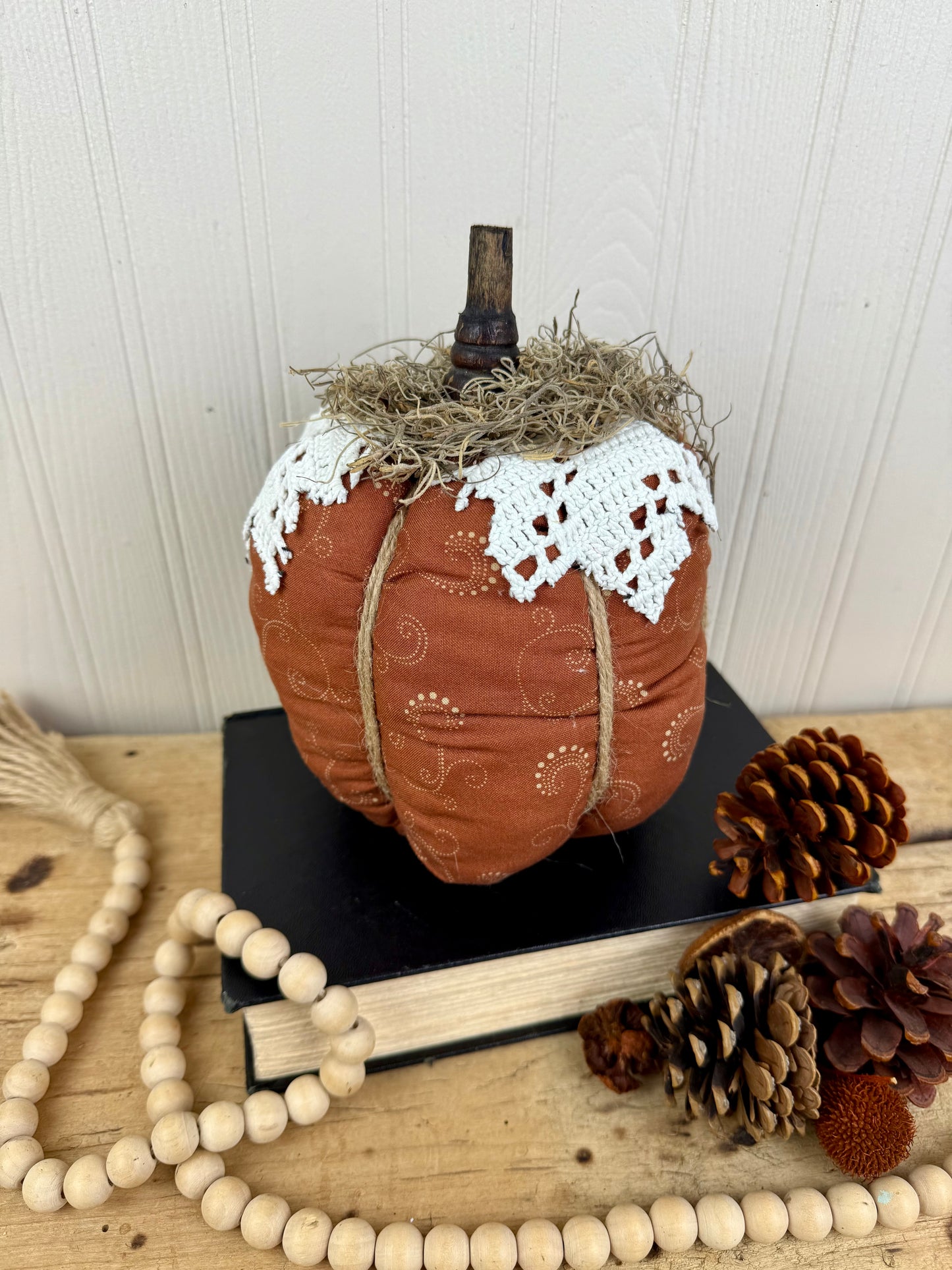 Handmade Plush Pumpkin with Doily Leaves