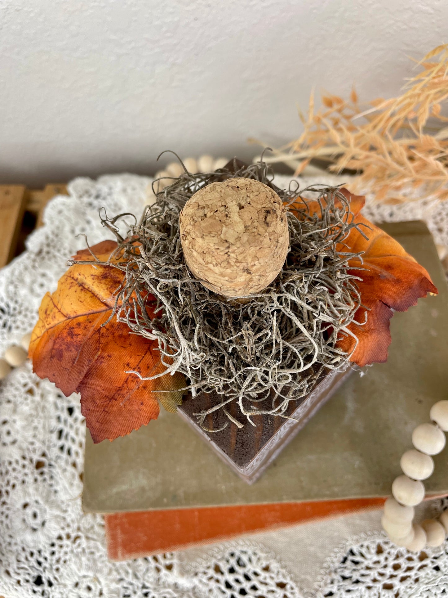 Handmade Reclaimed Wood Block Pumpkin with Leaves