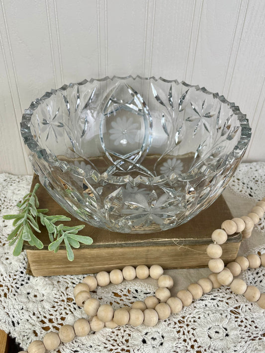 Vintage Cut Glass Serving Bowl with Etched Flowers