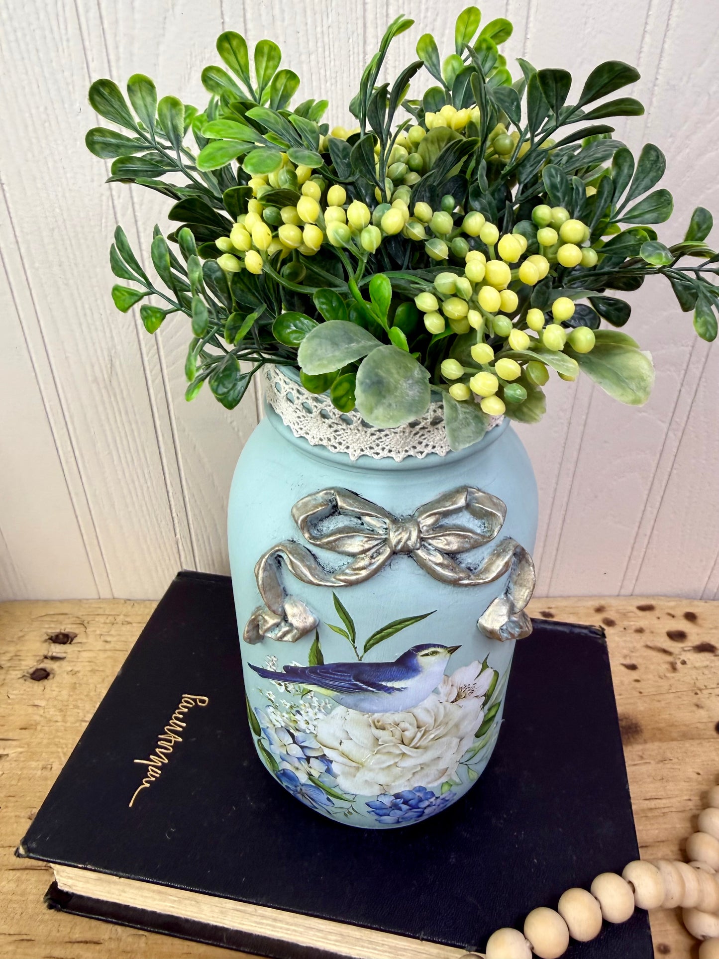 Handmade Upcycled Jar Vase with Blue Birds