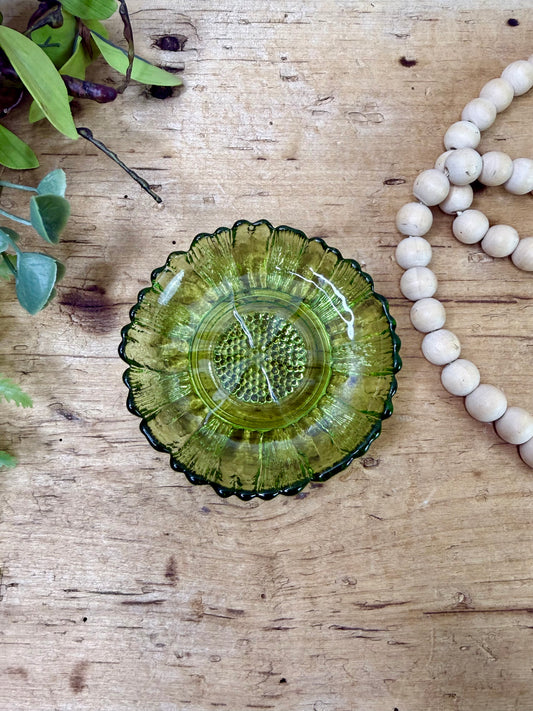 Vintage Indiana Glass Co. Avocado Green Sunflower Dip Bowl