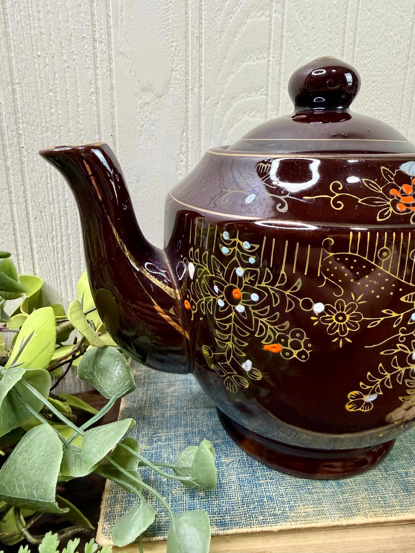 Vintage Japanese Moriage Redware Teapot