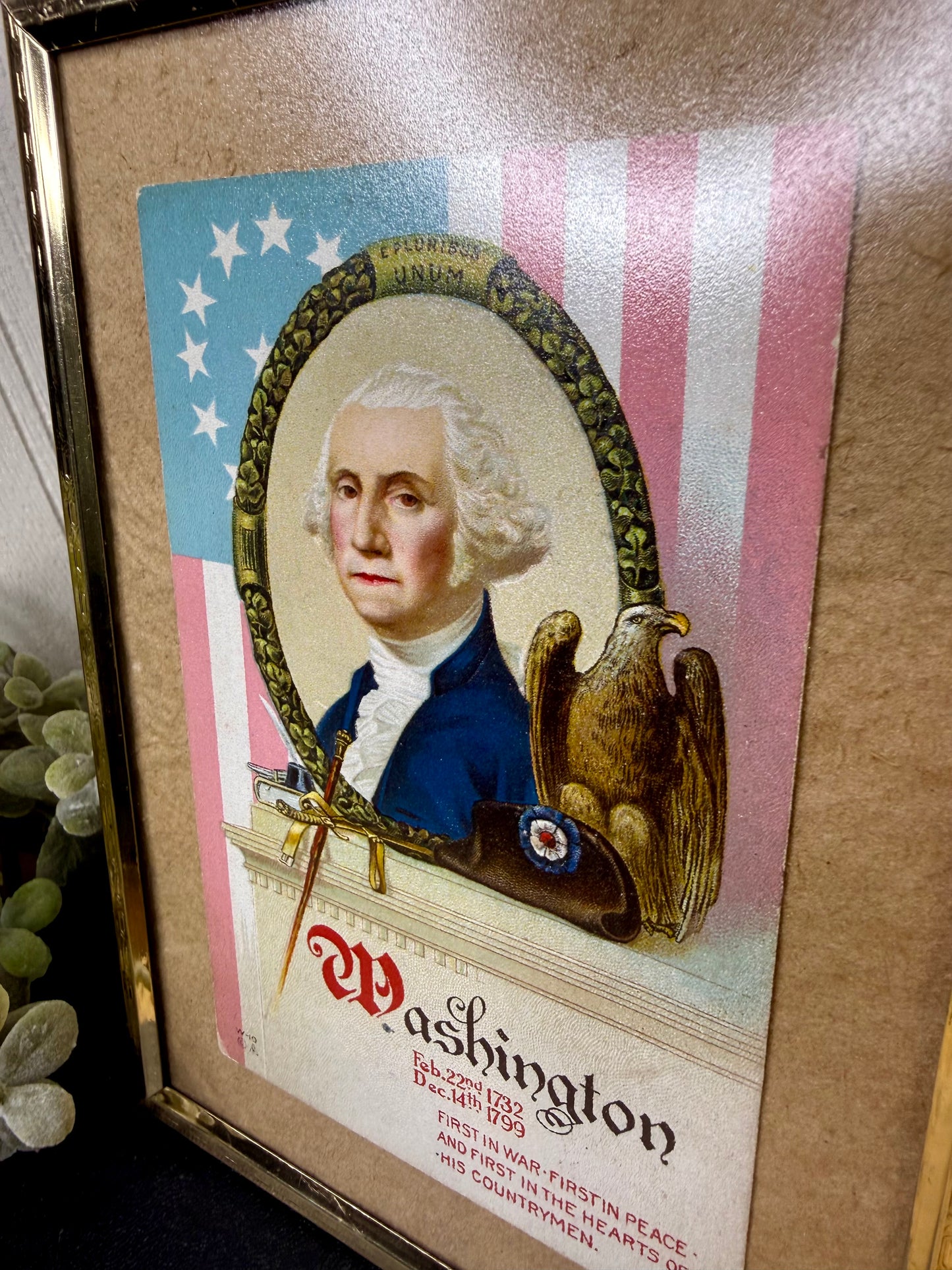 Antique George Washington Patriotic Embossed Postcard in Brass Frame
