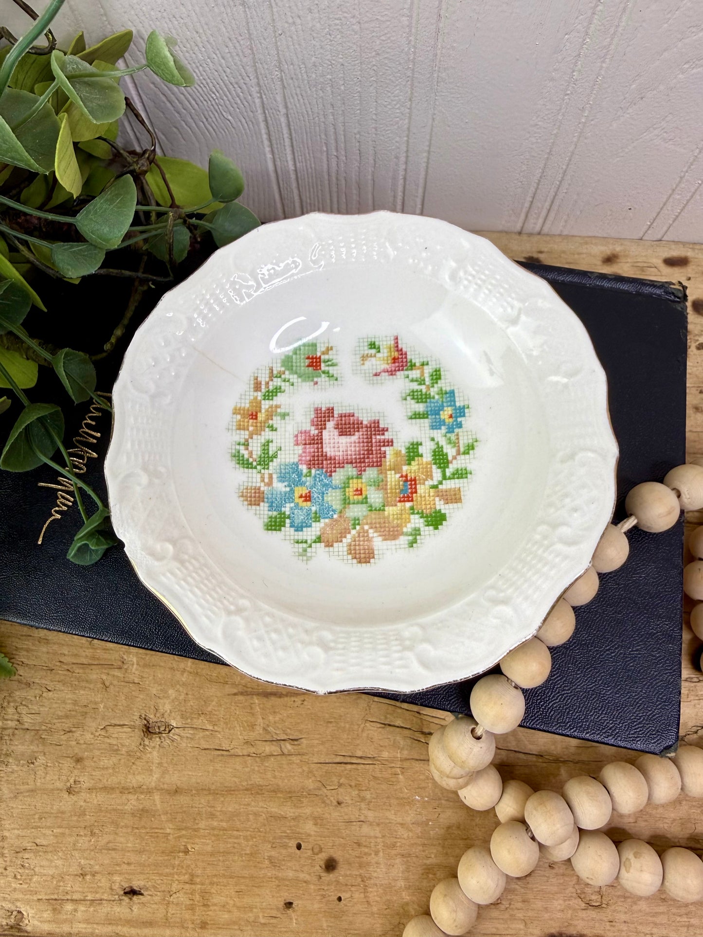 Vintage Canonsburg Pottery Cross-stitch Floral Dessert Bowl