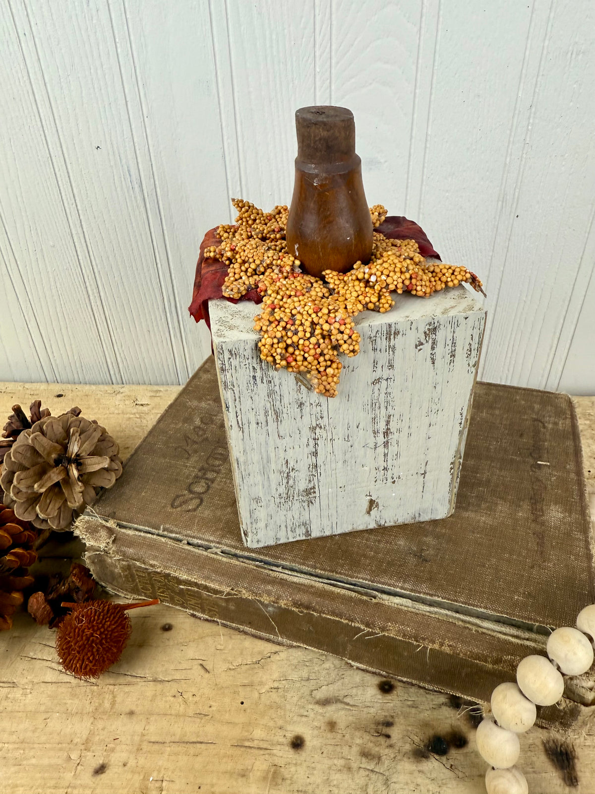 Handmade Block Beige Pumpkin with Spindle Stem