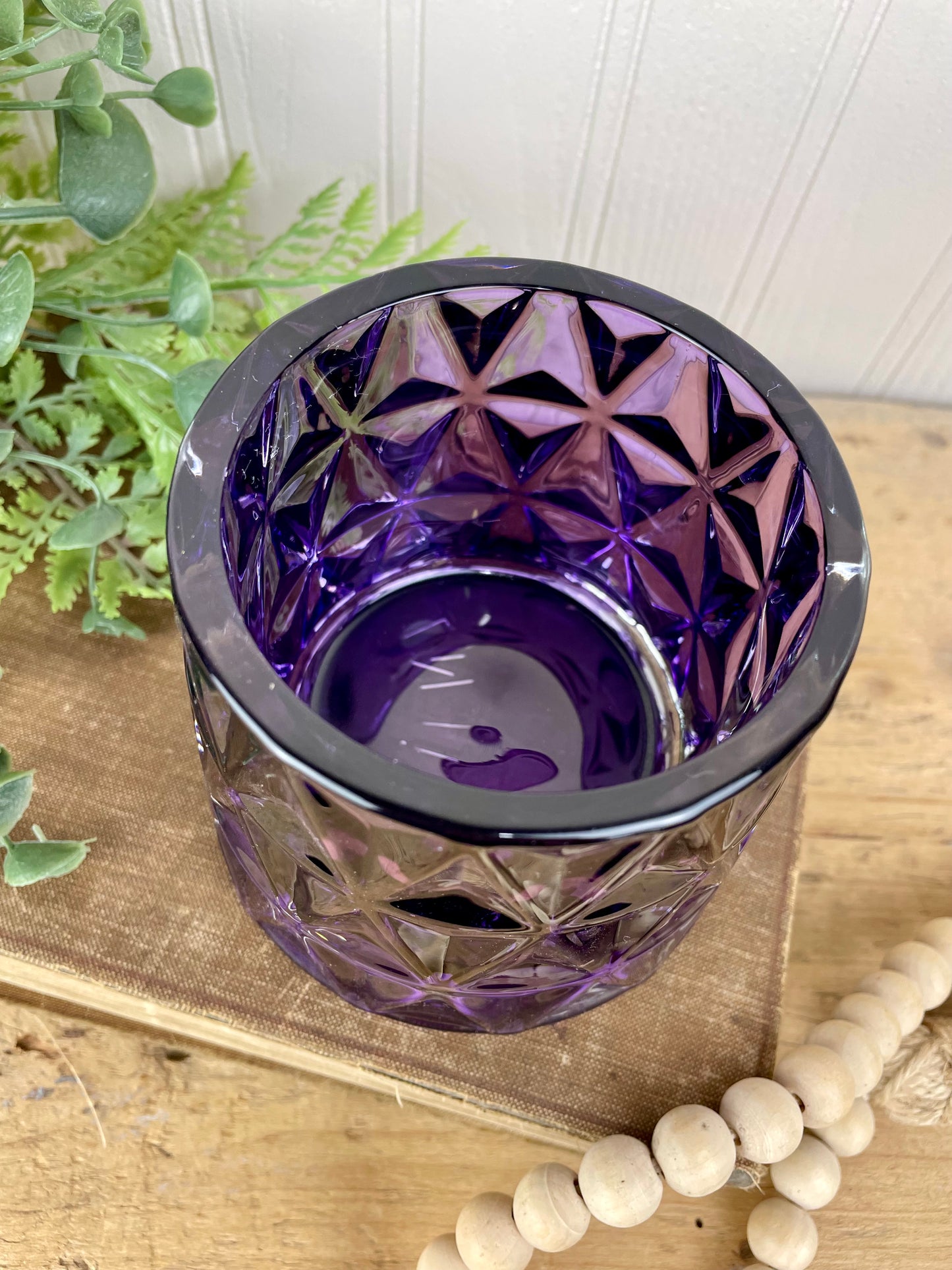 Purple Glass Candle Holder with Geometric Pattern