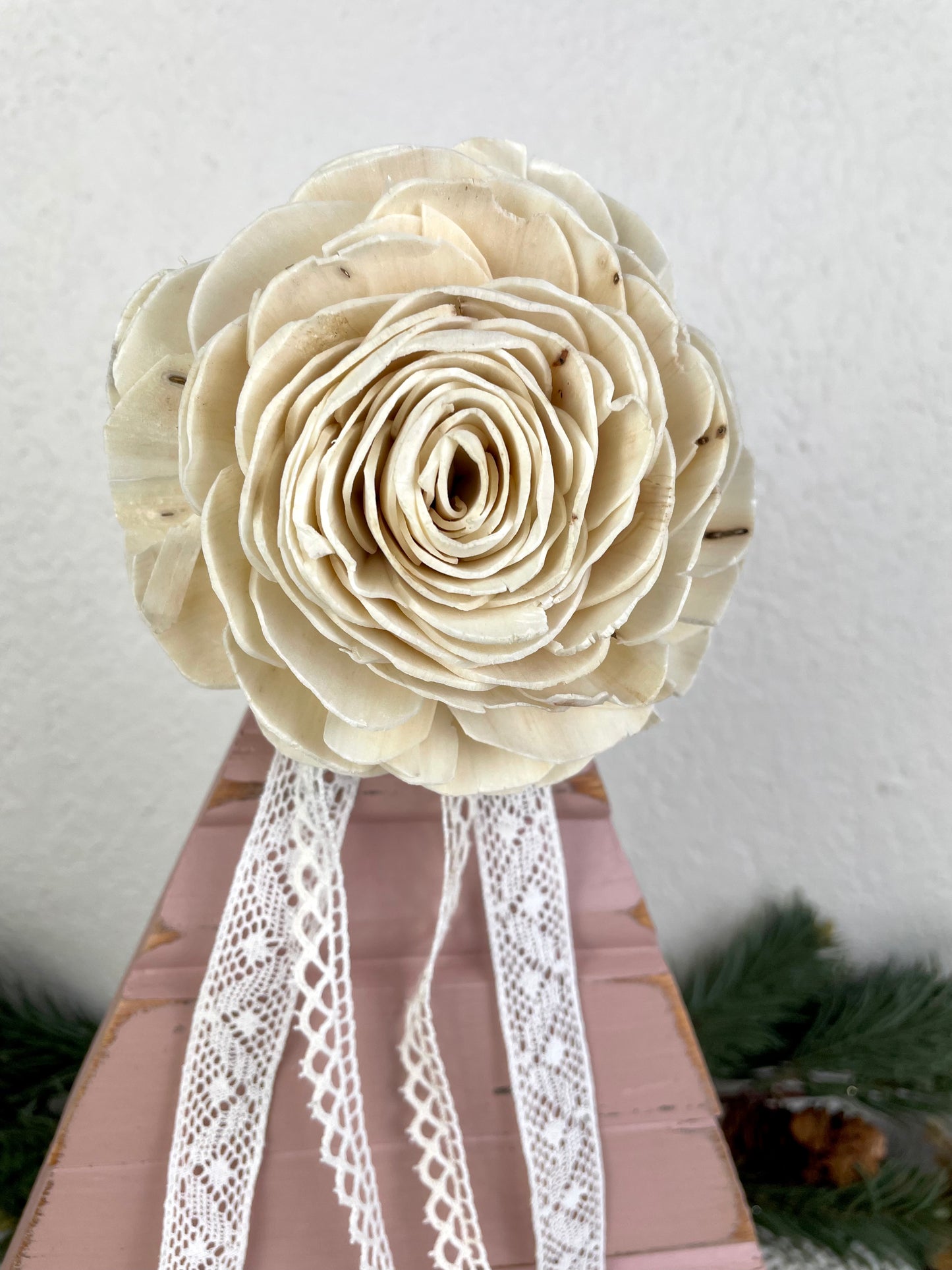 Upcycled Vintage Trim Pink Large Christmas Tree with Wood Flower