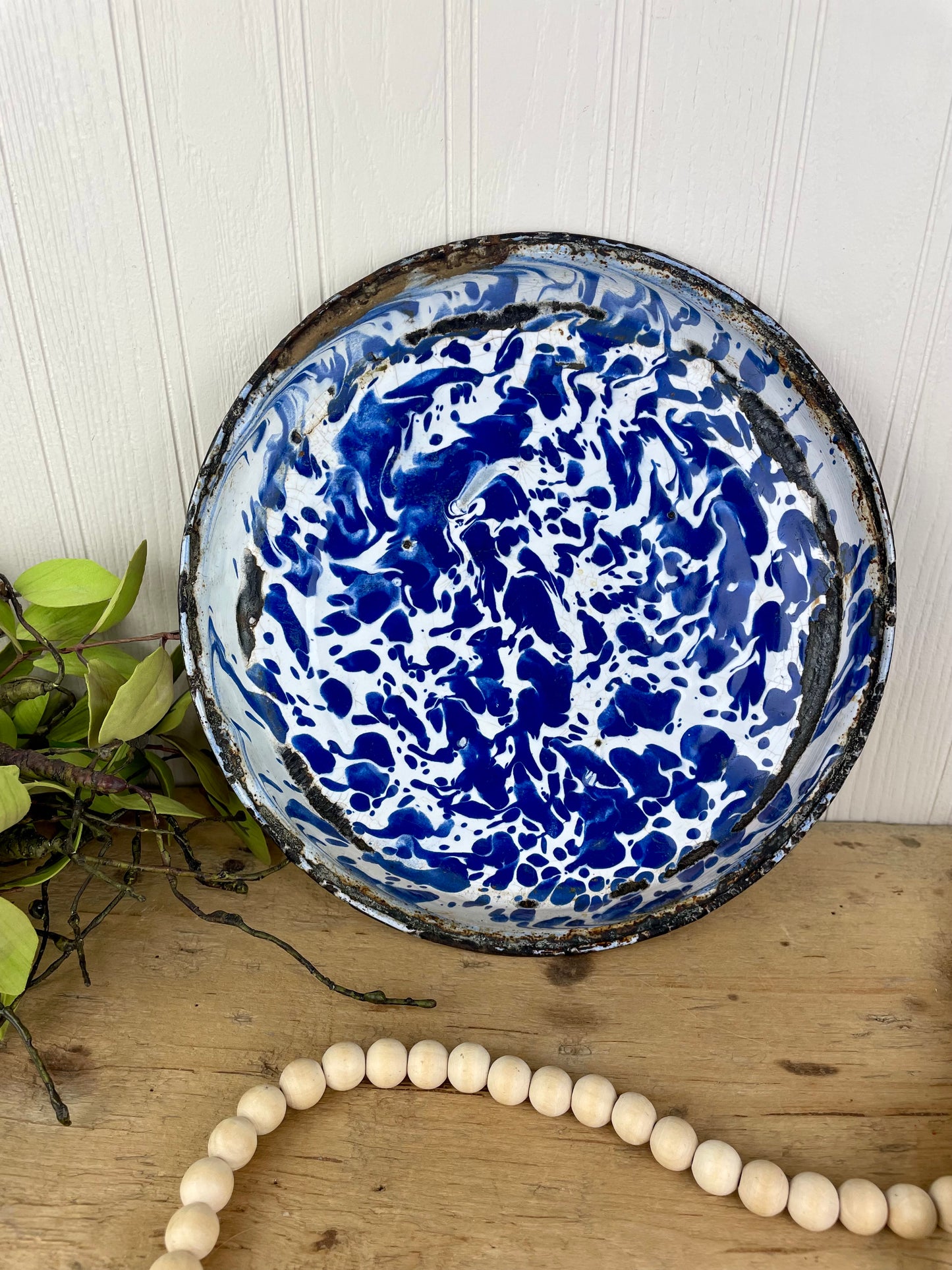 Vintage Blue & White Marbled Enamel Pie Pan