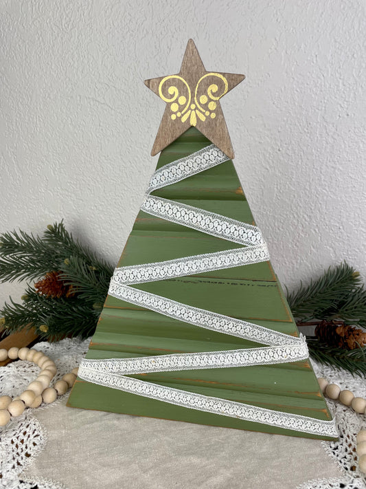 Upcycled Vintage Trim Olive Green Large Christmas Tree with Wood Star & Lace