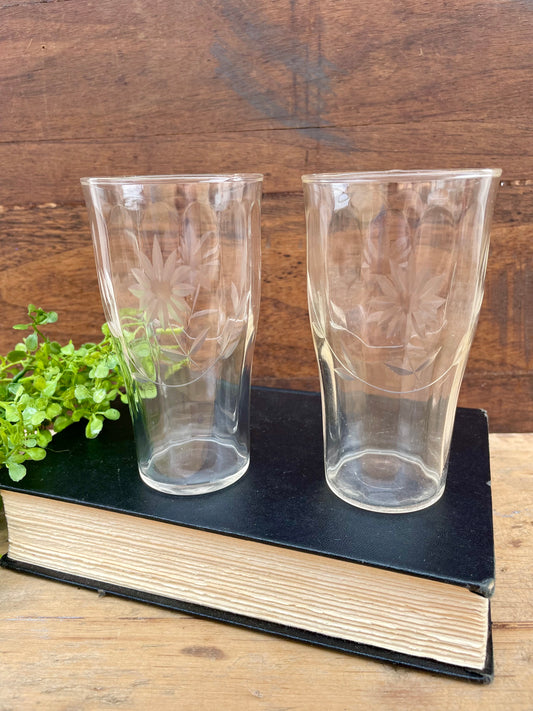 Vintage Drinking Glass Set with Etched Flowers