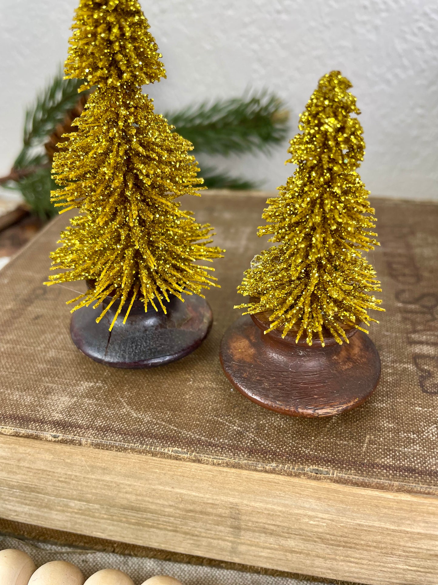 Gold Bottle Brush Tree Set with Wood Knob Bases